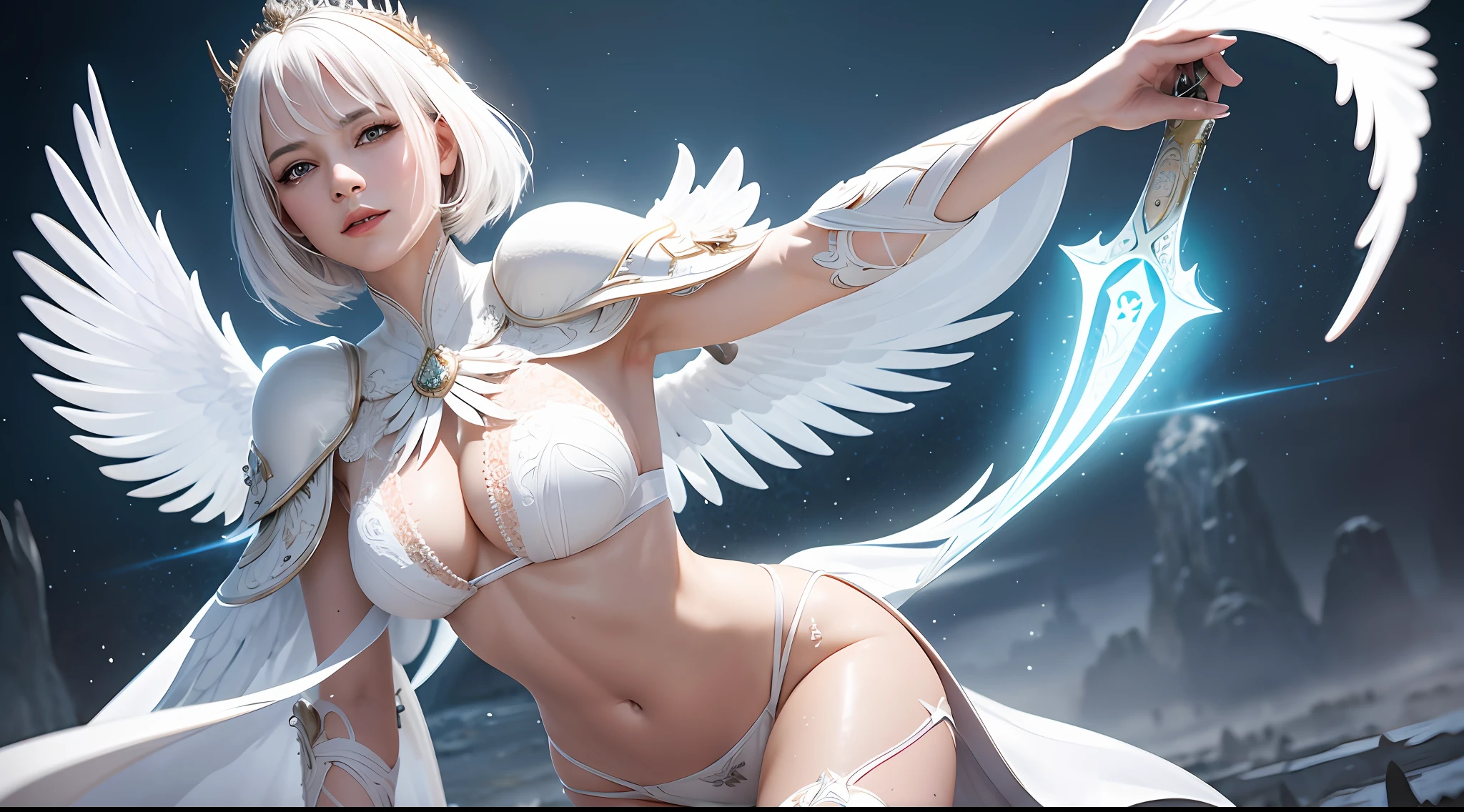 a matural female,White color hair,wings of a swan,The sword,Large breasts,magnificent robe,complex patterns,chies,(skin indentation:1.5), realisticlying, realisticlying, (Masterpiece:1.5), concept-art, intricately details, highly detailed, realisticlying, rendering by octane, 8K, unreal-engine, dynamicposes, Best quality at best, A high resolution, (photorealiscic face:1.1), (Hyper-realistic:1.1), perfect eyes,(shiny skins:1.2), Radiant force, smog, magia, Dramatic, Epic, battlefiled, depth of fields, Background bokeh, 4K, ashes, Particle,