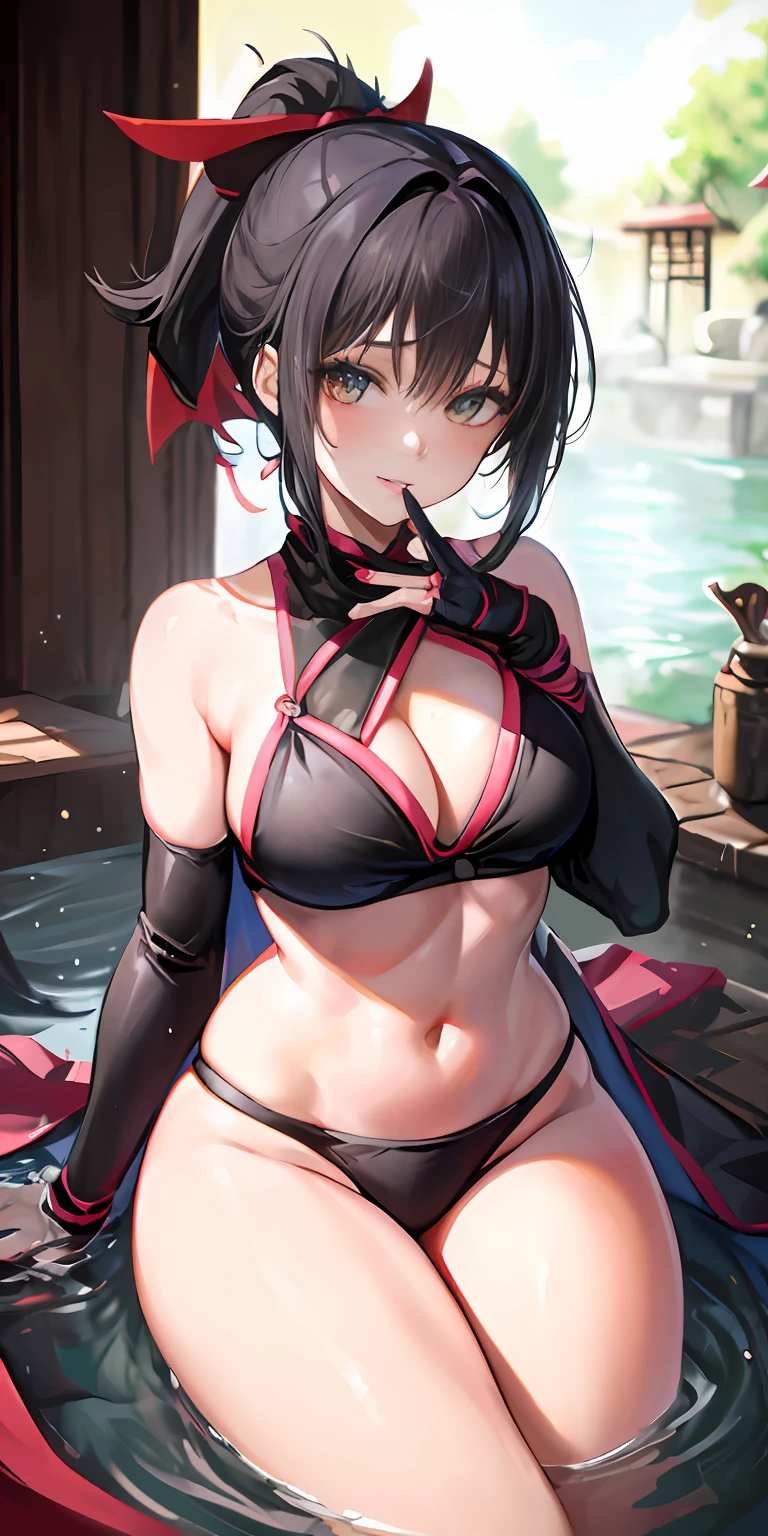 女の子1人、poneyTail、Parted lips、red blush、makeups、Smirk、(ninjartist:1.3、Kunoichi:1.3)、Ninja Mask、llight rays、Glow、thighs thighs thighs thighs、鎖骨、Constriction、(masterpiece)、Bathing in water、Wet body、Chii