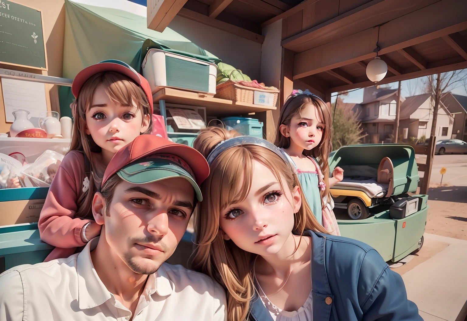 {{superlative, masterpiece:1.3), (8k, photorealistic, RAW photo, best quality: 1.4), (1girl), beautiful face, (realistic face), (very detailed), (best illustration), (best quality), (super detailed), mother and father in front , and 2 kids ,boys and girls on back