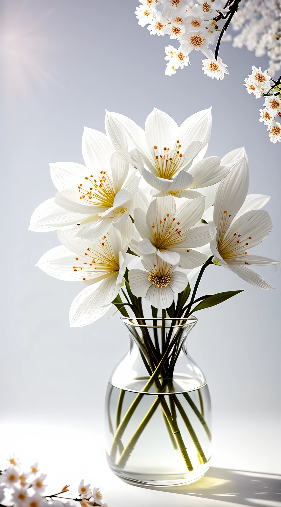 A bouquet of white plum blossoms, ultra-transparent, holy light, beautiful spectral light, dew on petals, twinkle, morning background, transparent droplets, reflected light, bright, light flowing inward, optical, portrait silhouette, sharp focus, magical, intricate, surrealism, fantasy, composition, light, art station trend, pearl, silver patronus cloud pair, caustic surround ray family 16k, ureal ar 23v4 uplight