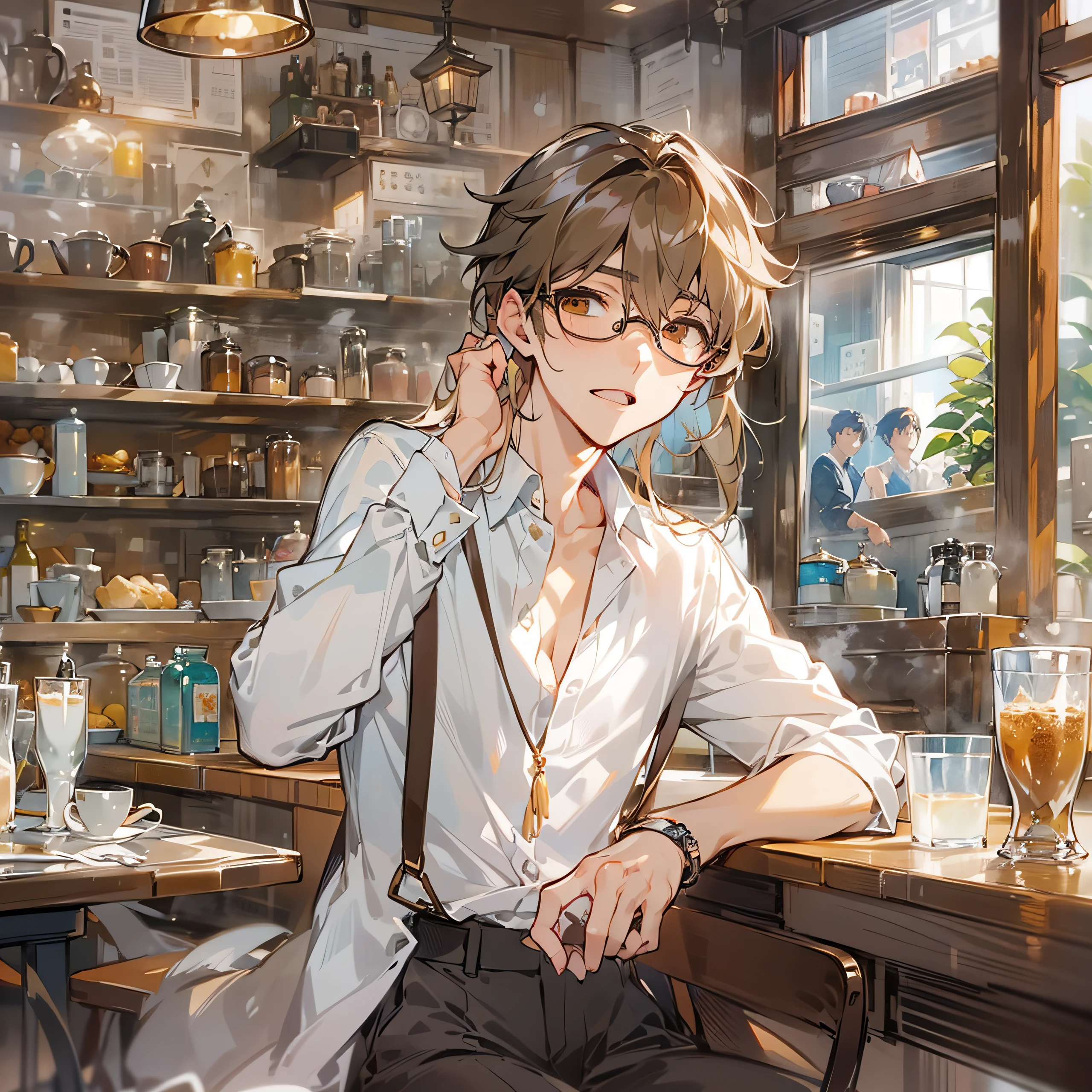 Young man with glasses、japanes、Frameless glasses、Super beautiful、Rich in color、full bodyesbian、Wearing a white shirt、Being in a café、The long-haired、bright brown eyes、twinks、Adonis、Beautie、Illustration