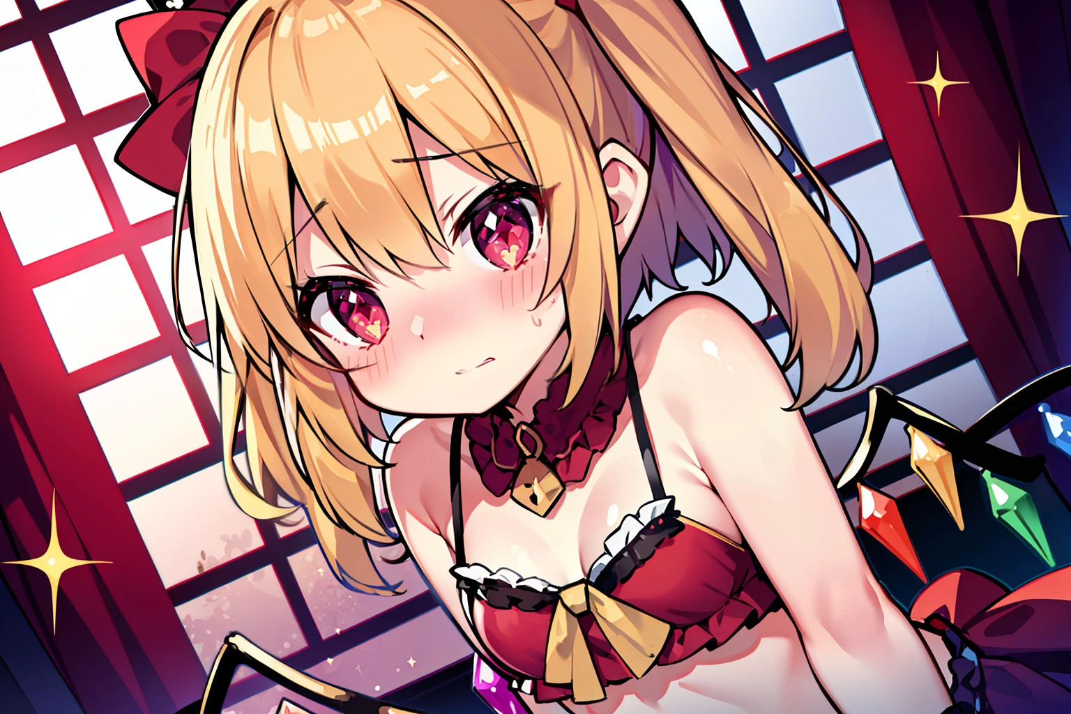Flandre Scarlet、close range, frilled bikini, clothes shop,sparkly eyes、flat breast、embarrassed from、with blush cheeks