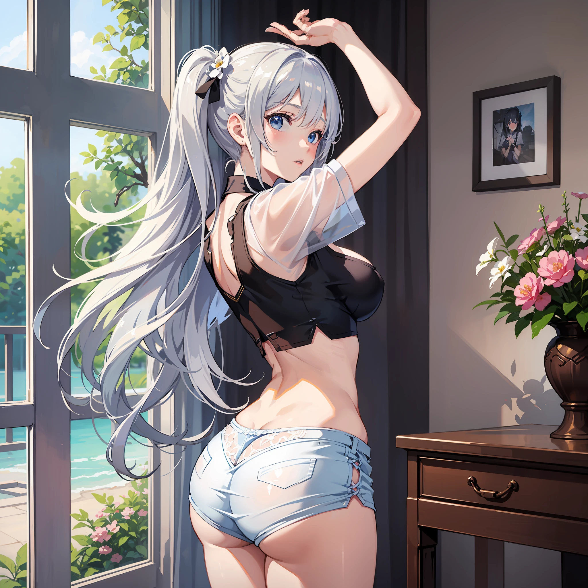 （masterpiece), (best quality), (ultra-detailed),   A beautiful anime girl standing in a room with flowers and sunshine 1 girl, solo, breasts, ass, looking at viewer, skirt, stockings, blue eyes, lacy white stockings, big breasts, underwear, thighs , silver long hair, less see-through panties, white see-through panties, back top checkered hollow, from the back, looking back, crop top, short sleeves, shirt, denim shot, white shirt, white skirt, miniskirt, plant, indoor, Pigtails, Alluring Anime Girls, Curvy Lolita
raise your arms. (photorealistic)), ((fantastic background)), Ultra-realistic, ultra-detailed, Ultra HD plus 16k resolution