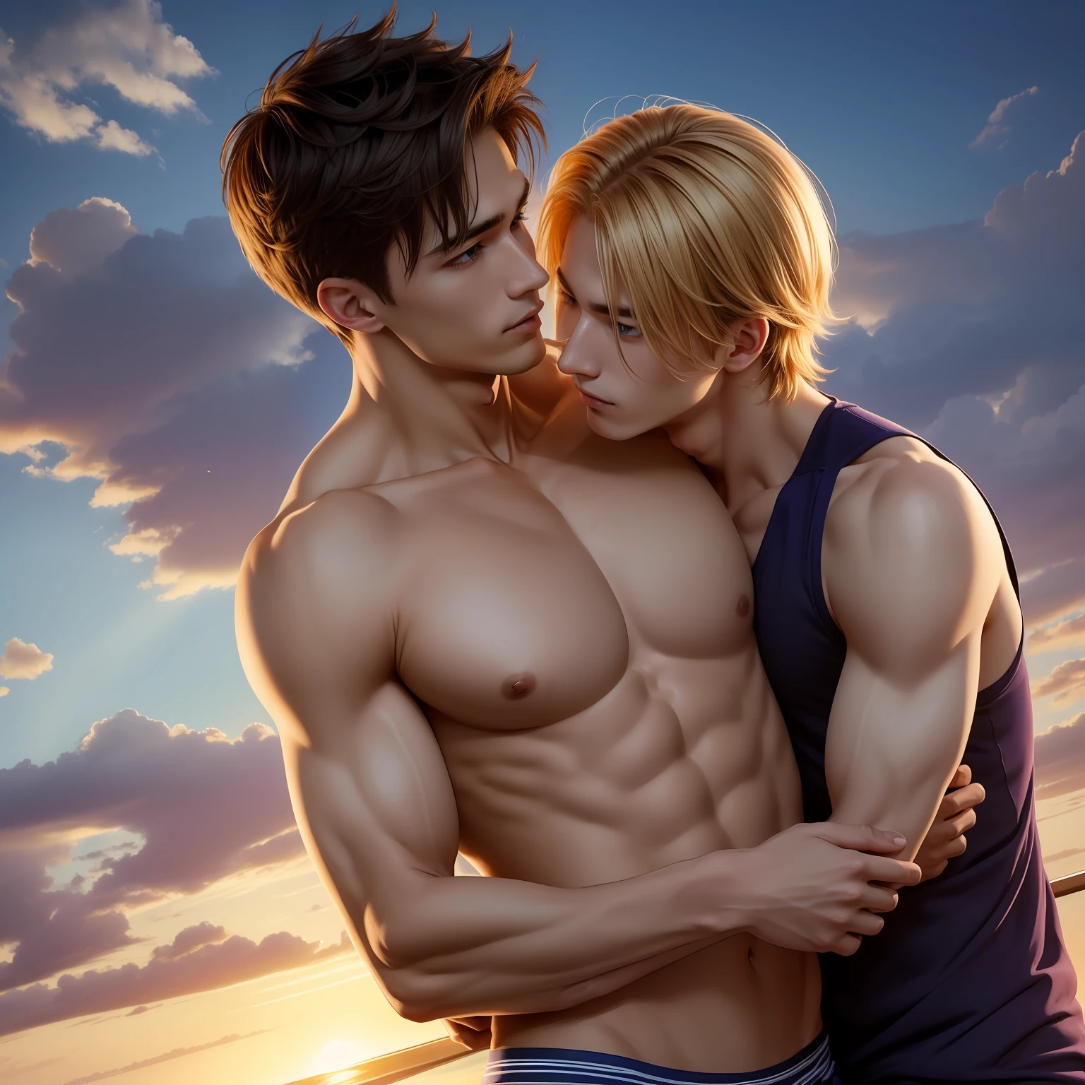 Scene of two beautiful men hugging each other、The first was 25 years old、he is tall, toned and muscular body.、Blue eyes and blond hair are attractive、He is charismatic、The other is a young man who is only about 18 years old.、slim body of average height、Characteristic jet-black and purple eyes、in college、Passion and curiosity for art、cheerful and positive personality、There is a strong trust and deep bond between the two.、Supporting everyone、admit。The scene that says、Draw with beautiful backgrounds。