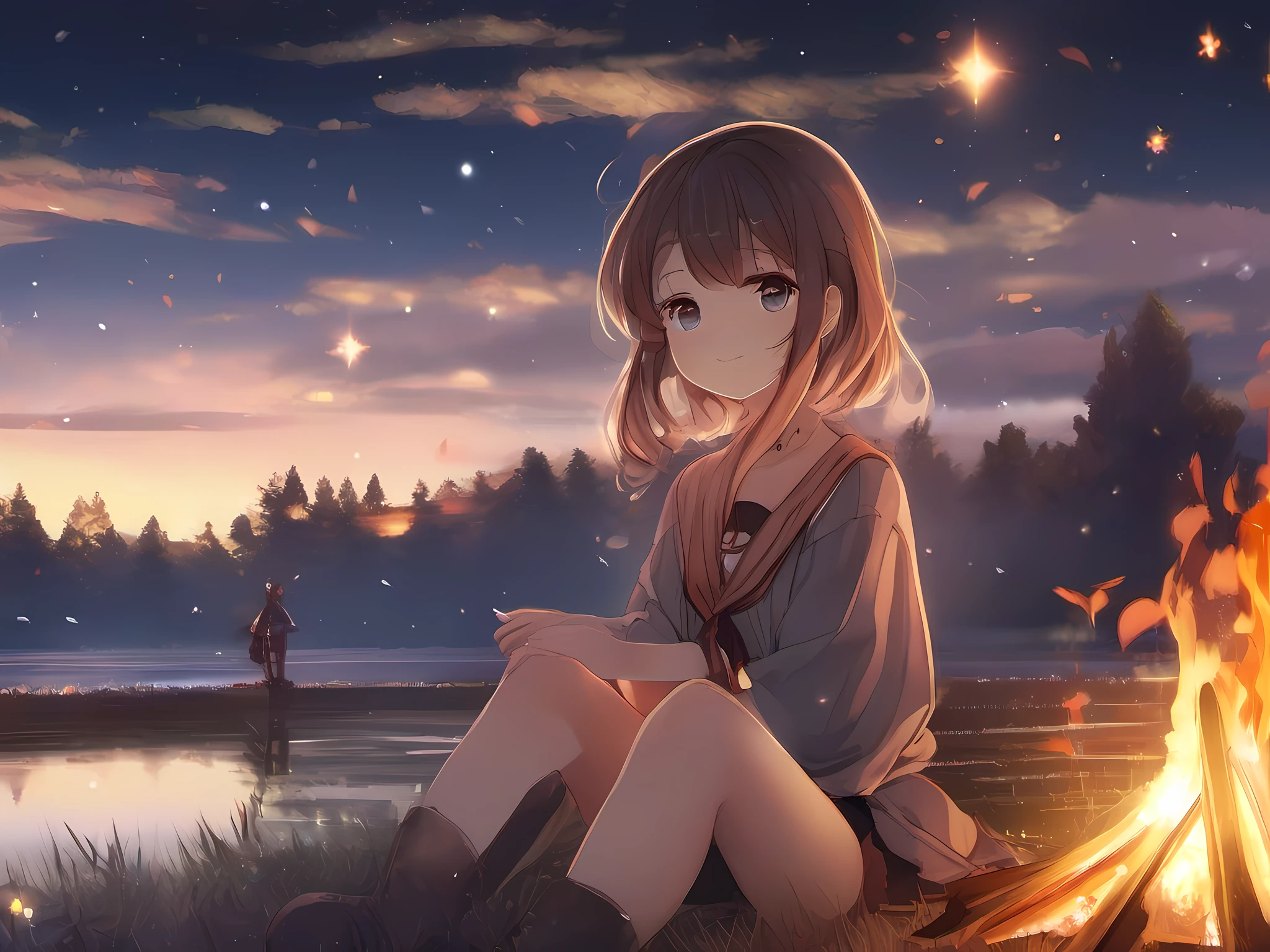 (masterpiece, best quality:1.3), (16k, highres:1.3), Bonfire, cute girl, starry sky