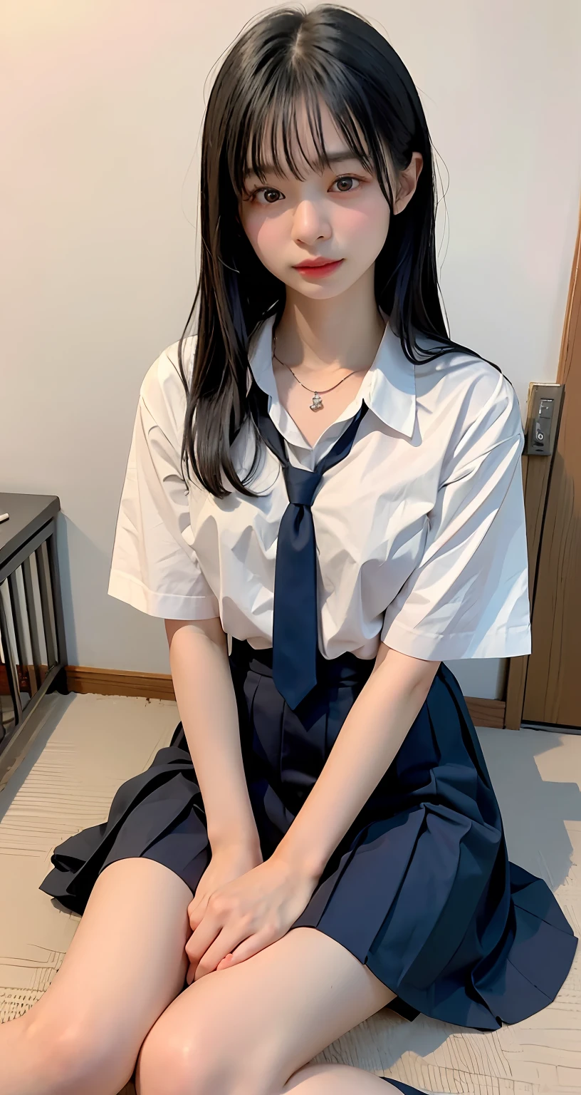 ((top-quality、​masterpiece))、Raw photography、8K、top-quality、 超A high resolution、Beautiful face in every detail、Realistic human skin、Gentle expression、front-facing view、Farbe々From an angle、length hair、realisitic、Photorealsitic、cute little、a short skirt、cute school girl、Japan schoolgirl wearing uniform、Surreal High School Girl、Bedroom、(wrist watch)、a necklace、a bed、Sit flat on the floor with your legs bent back、