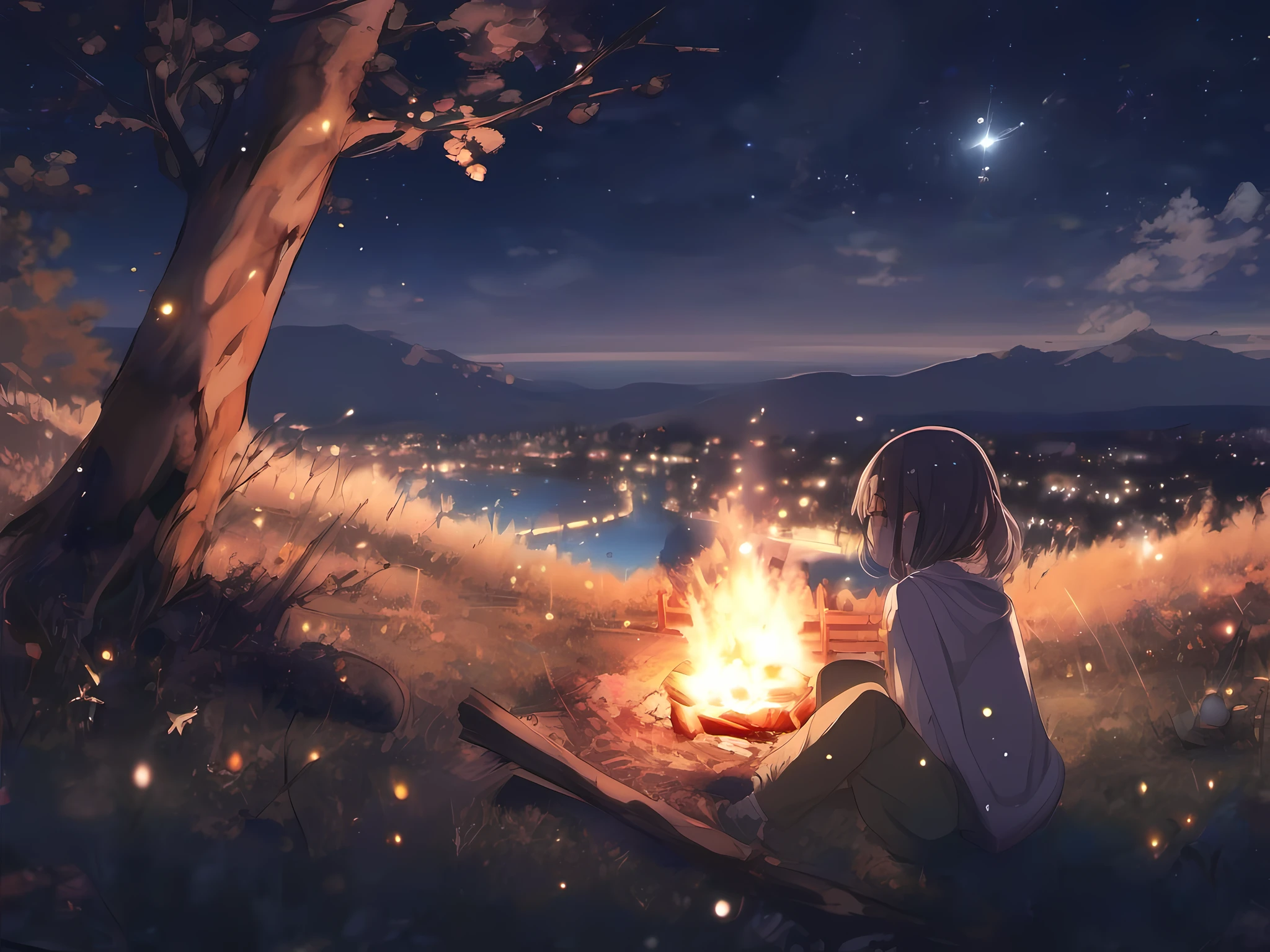 Bonfire, cute girl, starry sky