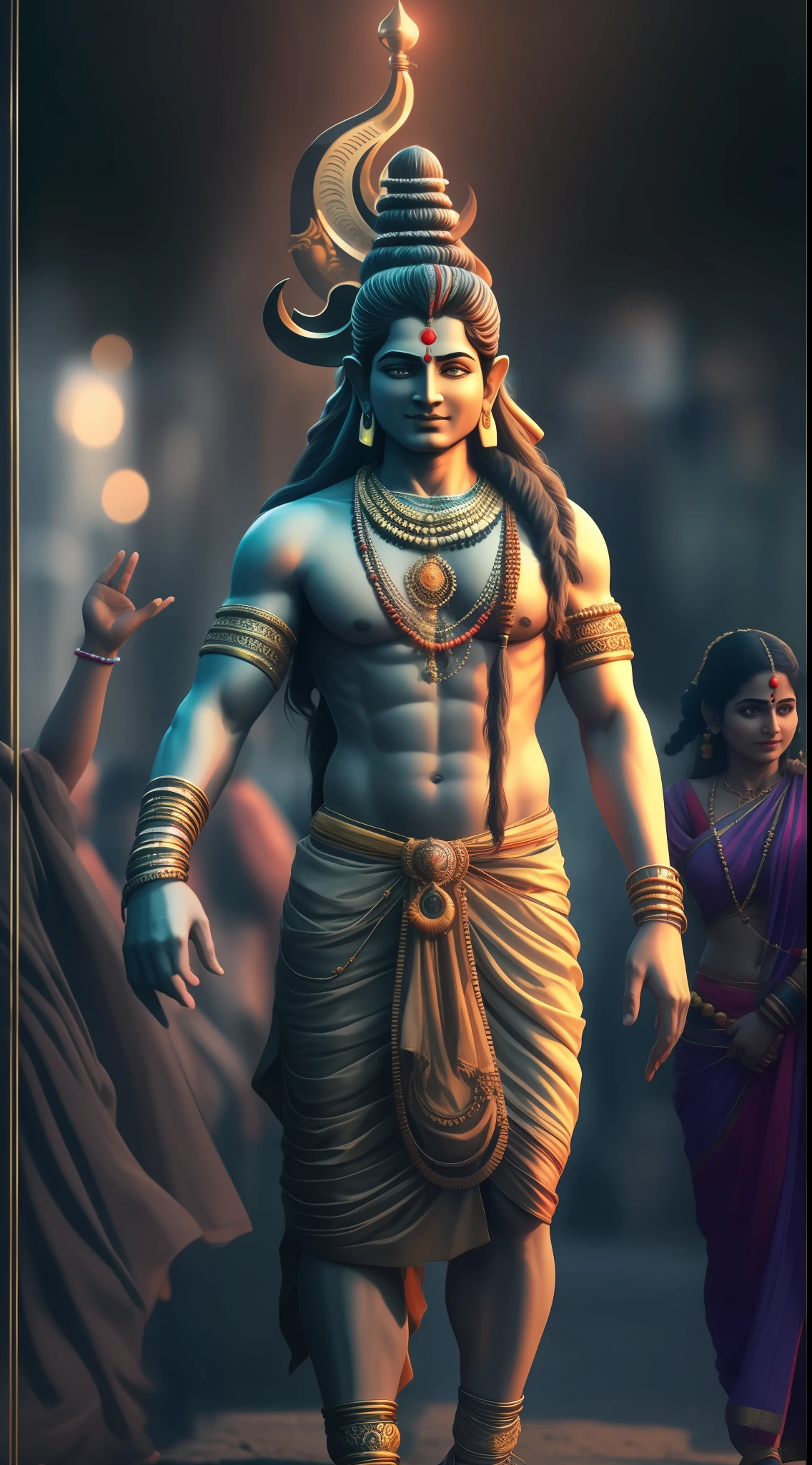 Lord shiva and  his wife is standing in public place and people re happy to see them , cinematic light, hd, ultra realistic, high quality,