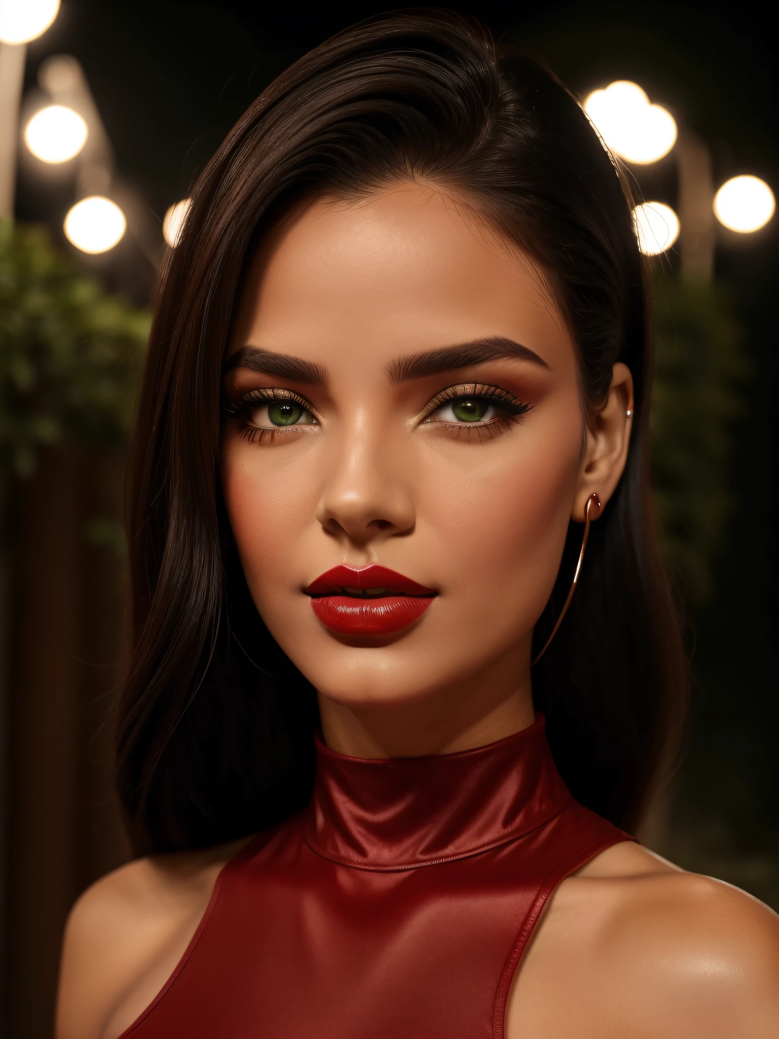 mulher com olhos verdes e cabelo loiro, rosto perfeito, with heart-shaped lips, with red lipstick at night, vestindo com uma roupa de seda vermelha com um decote em V, com um corpo perfeito, em uma festa noturna