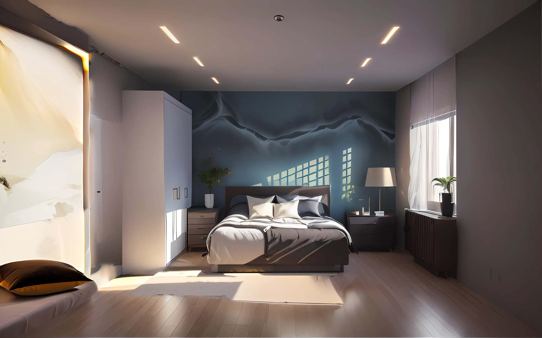 Bedroom interior walls，Blue premium gray，Light from the right side，No windows