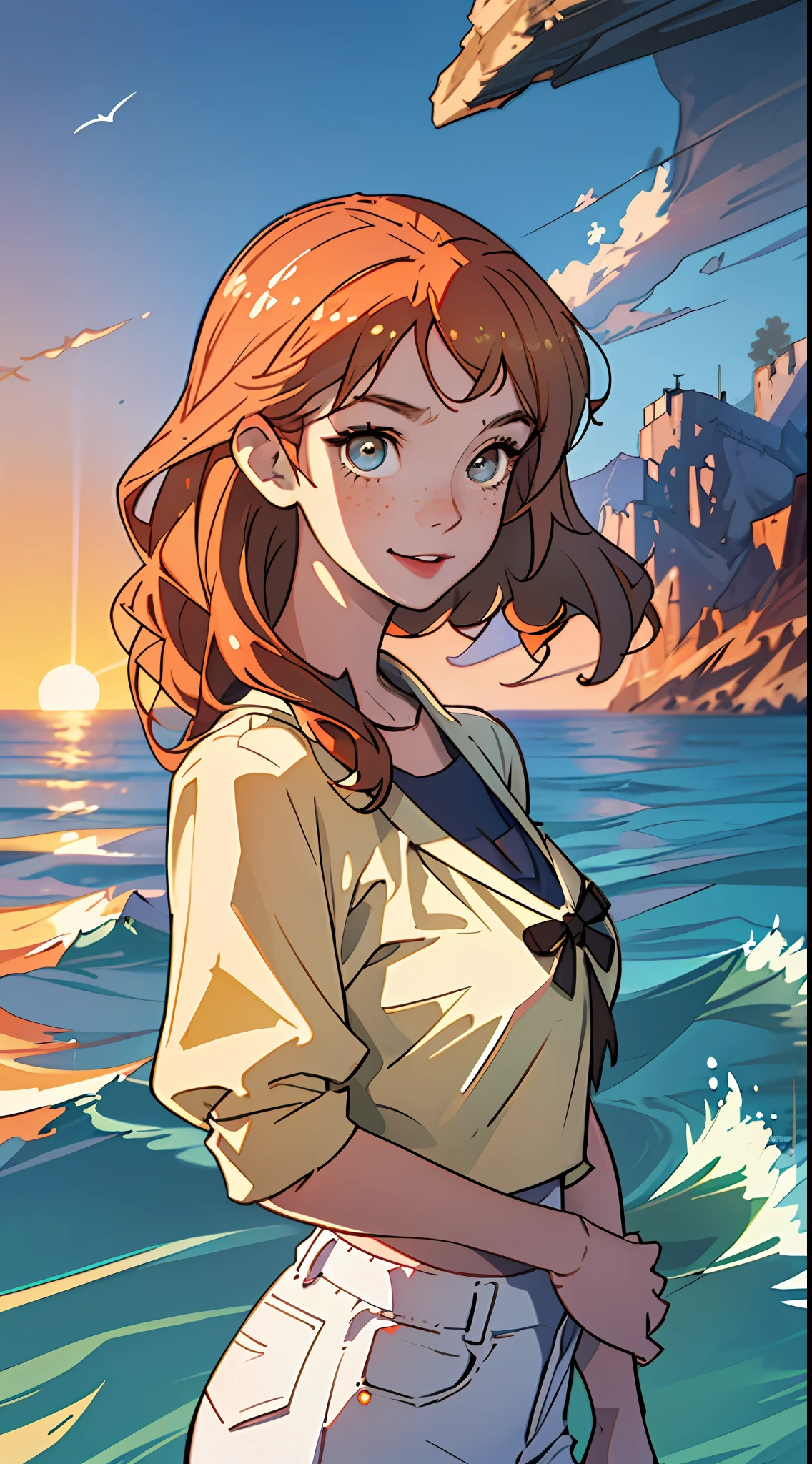 (Best quality at best,tmasterpiece),1girl,gigantic cleavage breasts,Hands behind your back,ssmile,big laughter,the ocean,Short top,shorter pants,blond hairbl,freckle,Be red in the face,looking at viewert,Wavy hair,clouds,spatter,wave,suns,setting sun,the setting sun,mont,dampness