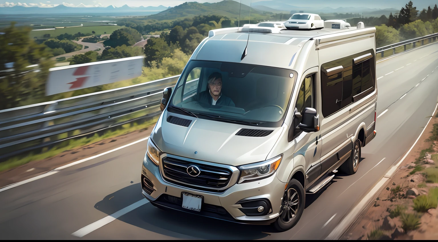 A man drives an RV,Race head-on on the road。