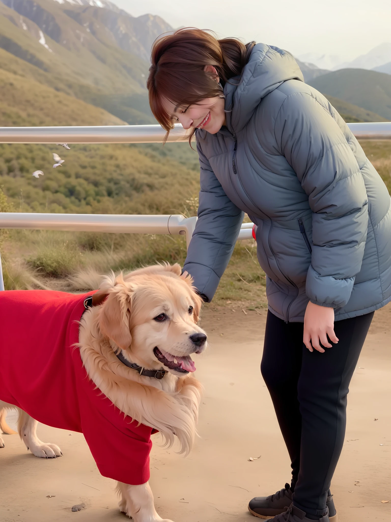Woman petting a dog in a red sweater in the mountains, four legged, with dogs, A handsome, with stray dogs, Lady, Heartwarming, Dynamic!!, In sunny weather, warm and gentle smile, the photo shows a large, Handsome, is playing happily, author：Emma Andievska, Full of golden layers, warm friendly expression, highly  detailed