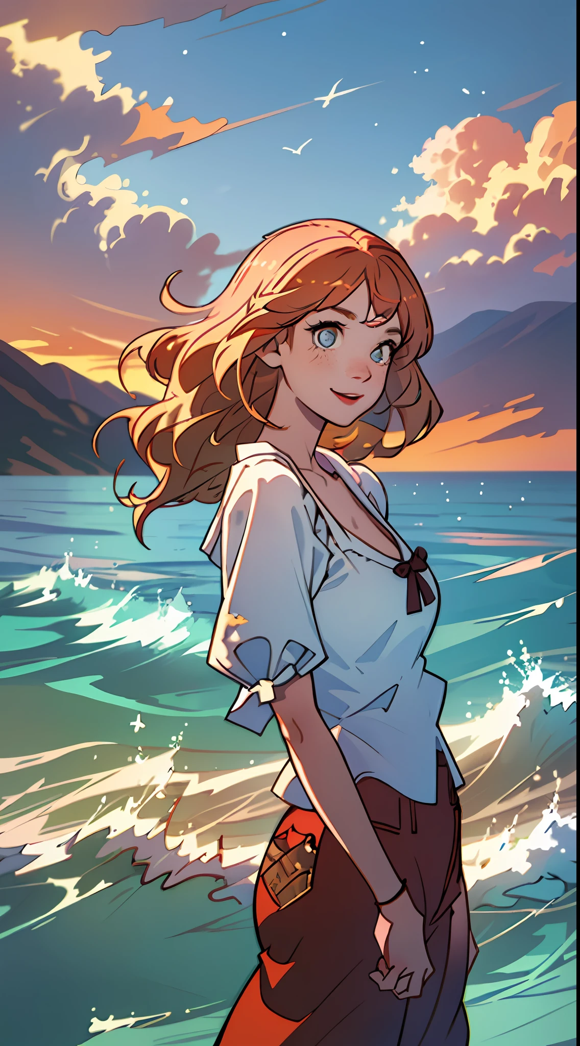 （Best quality at best，tmasterpiece），1girl，gigantic cleavage breasts，Hands behind your back，ssmile，big laughter，the ocean，Short top，shorter pants，blond hairbl，freckle，Be red in the face，looking at viewert，Wavy hair，​​clouds，spatter，wave，suns，setting sun，the setting sun，mont，dampness