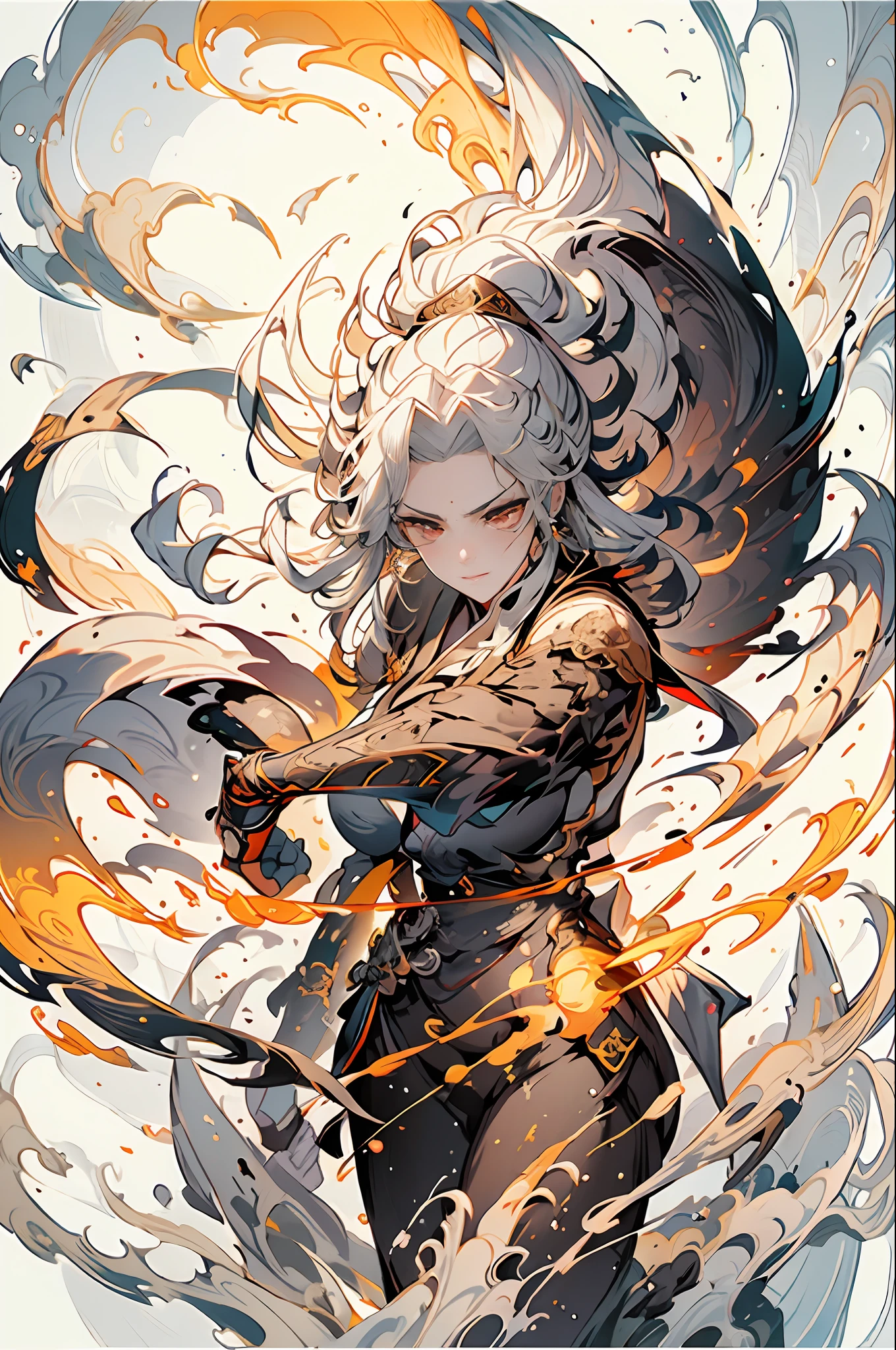 Close-up of a woman with white hair,Belle peinture de personnage,holding a longsword,flames burning around,Guviz,Guviz-style artwork,white-haired god,Yang J,Epic and beautiful character art,Stunning character art,FAN Qi,Wu Zhun Shifan,Guvitz at the Pixiv Art Station,