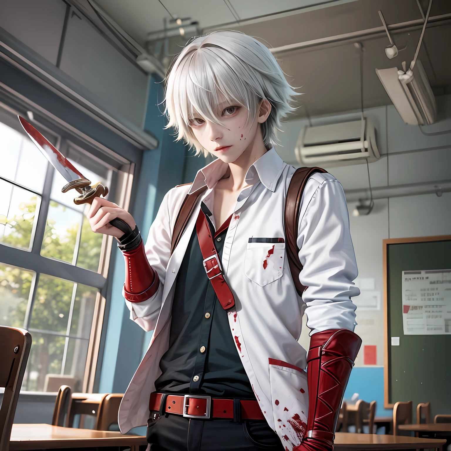 An anime boy in the classroom has white hair and blood stains on his face and holds a sword in his hand