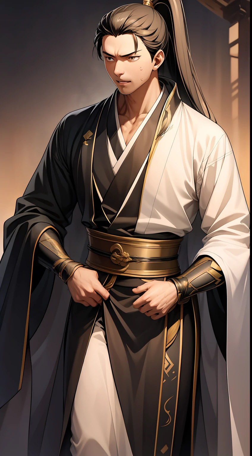 quadratic element，style of anime，mtu（Male Warrior），The proportions are correct，Face details，swordsmen，High ponytail hairstyle，Neck details，There is an Adam's apple，Black Hanfu，kaftan，Embroidered robes，Black robe，clothes details，Handing over，longer sleeves，Game quality，Swordsmanship，Light and shadow tracking，Ray traching，detailed glow，cg render，hair detail，long  white hair，Black eyes，Handsome，Handsome，（juvenile sense），Clothing is complicated，Perfectcomposition，Refinement，high qulity，higher details，Lots of details，The background is complex，a sense of atmosphere，