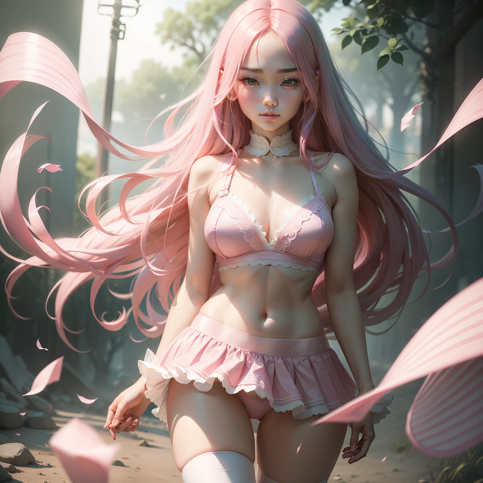 4K realistic，-yeld giBai Zhe skin Long pink hair Big pink eyes Shyness on the face Pink JK short skirt White lace bra Bra half unfastened Left leg curled up Right leg held with hand Leg ring The wind blows up skirt to reveal pink panties White suspender stockings