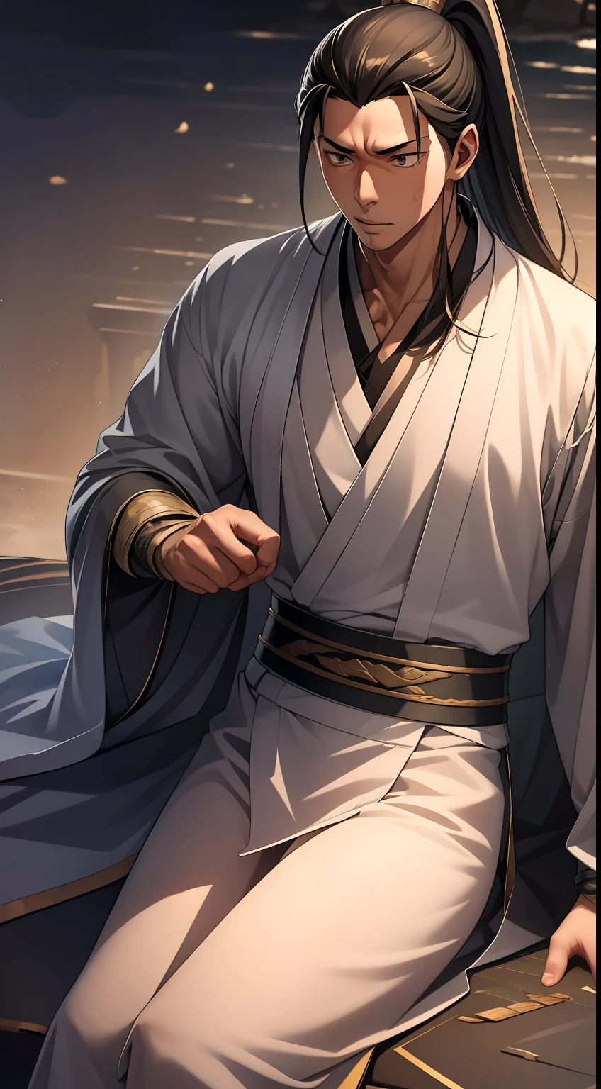 quadratic element,style of anime,mtu(Male Warrior),The proportions are correct,Face details,swordsmen,High ponytail hairstyle,Neck details,There is an Adam's apple,Black Hanfu,kaftan,Embroidered robes,Black robe,clothes details,Handing over,longer sleeves,Game quality,Swordsmanship,Light and shadow tracking,Ray traching,detailed glow,cg render,hair detail,long white hair,Black eyes,Handsome,Handsome,(juvenile sense),Clothing is complicated,Perfectcomposition,Refinement,high qulity,higher details,Lots of details,The background is complex,a sense of atmosphere,