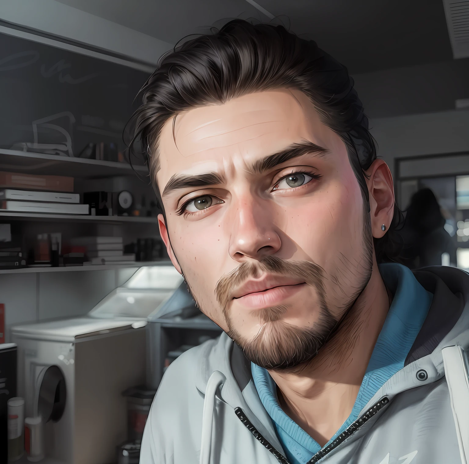 there is a man with a beard and a hoodie looking at the camera, hyperrealism artstyle, hyperrealism 8 k, hyperrealism 8k, in a style of hyperrealism, ultra realistic face, hyperrealism style, ultra realistic portrait, real detailed face, hyperrealism self portrait, detailed realistic face, hyper realistic face, cinematic realistic portrait, hyperrealism painting