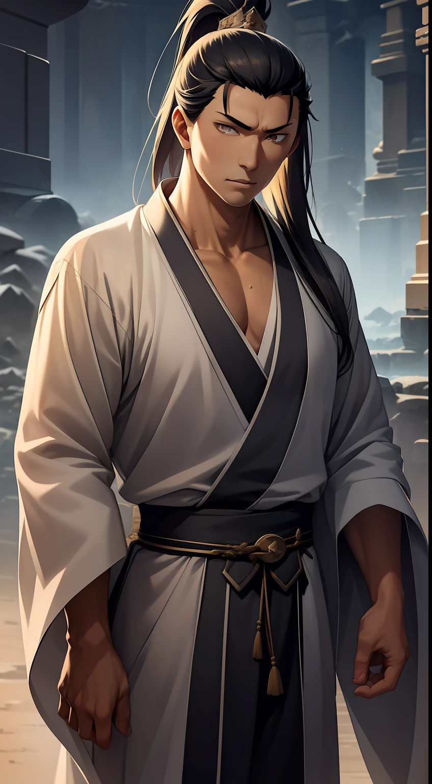 quadratic element，style of anime，mtu（Male Warrior），The proportions are correct，Face details，swordsmen，High ponytail hairstyle，Neck details，There is an Adam's apple，Black Hanfu，kaftan，Embroidered robes，Black robe，clothes details，Handing over，longer sleeves，Game quality，Swordsmanship，Light and shadow tracking，Ray traching，detailed glow，cg render，hair detail，long  white hair，Black eyes，Handsome，Handsome，（juvenile sense），Clothing is complicated，Perfectcomposition，Refinement，high qulity，higher details，Lots of details，The background is complex，a sense of atmosphere，