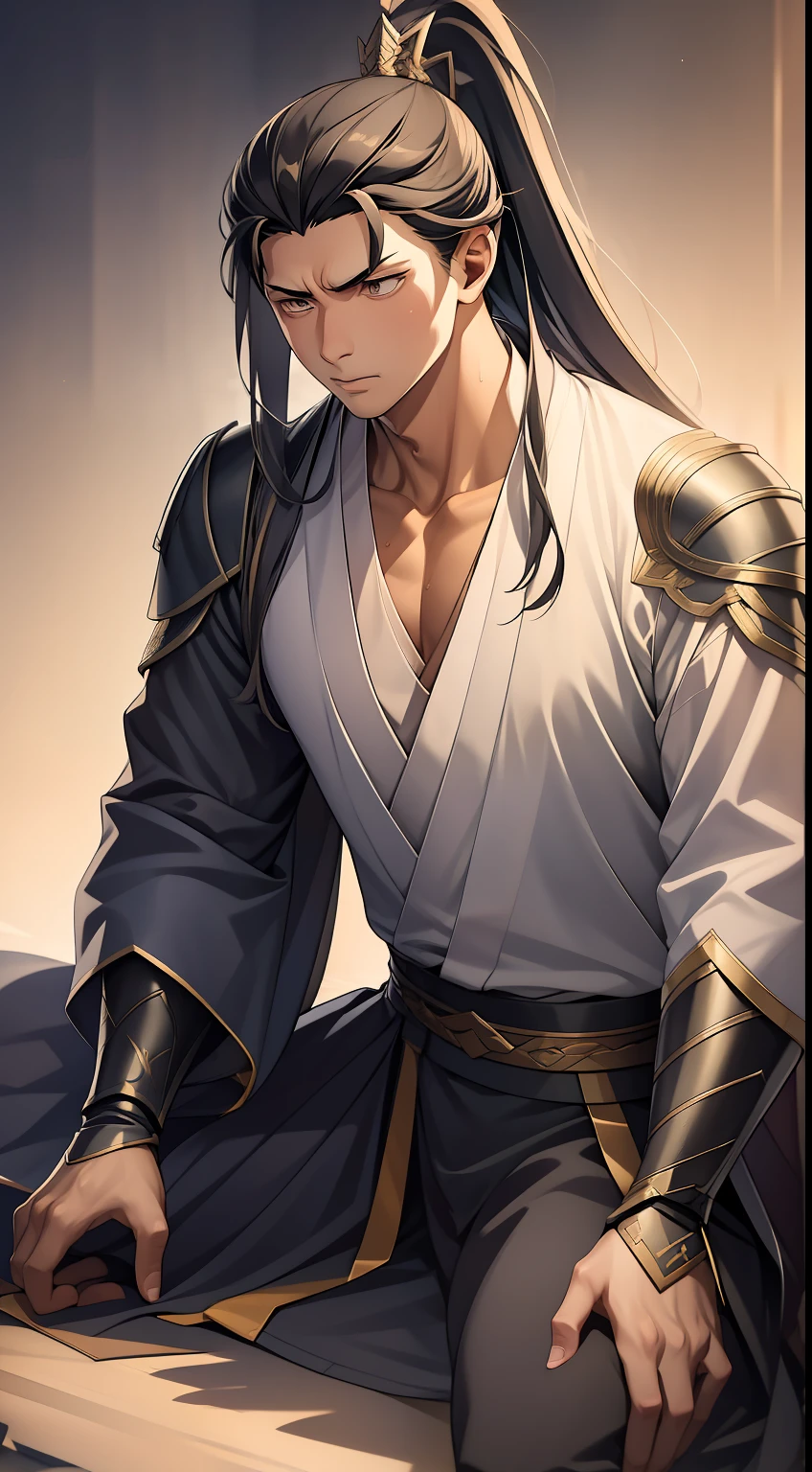quadratic element,style of anime,mtu(Male Warrior),The proportions are correct,Face details,swordsmen,High ponytail hairstyle,Neck details,There is an Adam's apple,Black Hanfu,kaftan,Embroidered robes,Black robe,clothes details,Handing over,longer sleeves,Game quality,Swordsmanship,Light and shadow tracking,Ray traching,detailed glow,cg render,hair detail,long white hair,Black eyes,Handsome,Handsome,(juvenile sense),Clothing is complicated,Perfectcomposition,Refinement,high qulity,higher details,Lots of details,The background is complex,a sense of atmosphere,