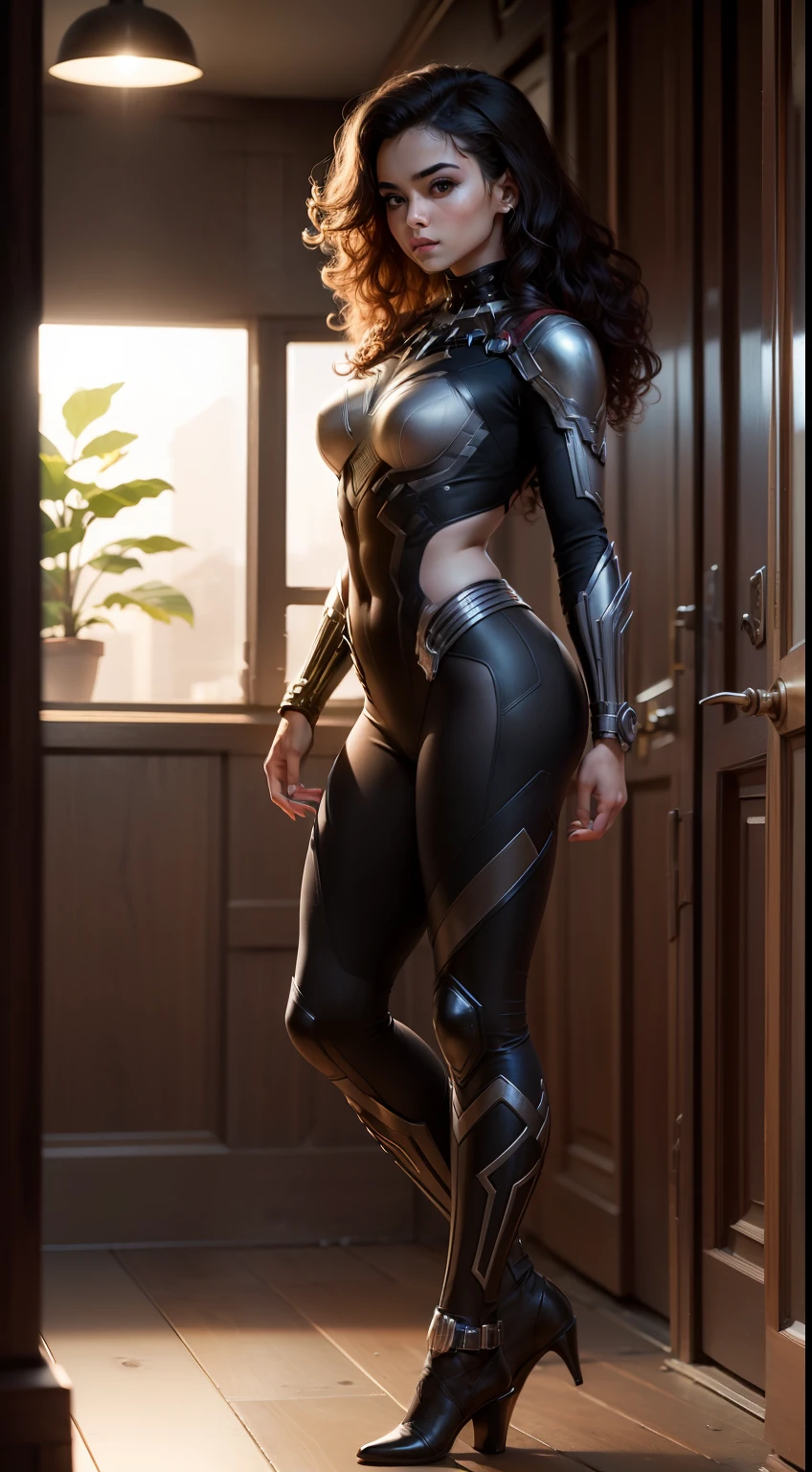 HD masterpiece, curly hair wavy hair, brown Hispanic female, wearing black panther, suit, marvel, MCU, (1girl:1.3), solo,_body-parts__, official art, unity 8k wallpaper, ultra detailed, beautiful and aesthetic, beautiful, masterpiece, best quality, RAW, masterpiece, super fine photo,, best quality, super high Resolution, photorealistic, sunlight, full body portrait, stunningly beautiful,, dynamic pose, delicate face, vibrant eyes, (side view)