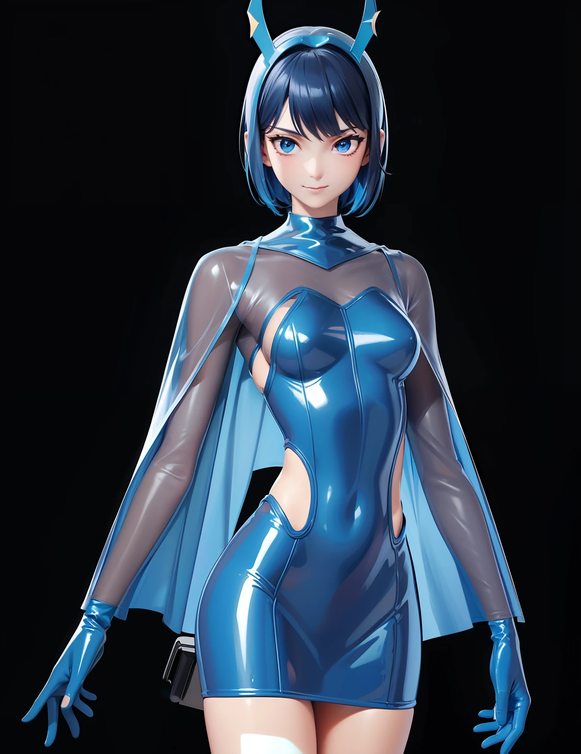 ((Magi Blue, Solo Woman, Woman in blue latex bodysuit,Bare skin is covered.、No exposure)), Black lined costume, blue cape, Black tights thighs, Glitter Costume, Batwing design of dark blue helmet, Black upper arm, Blue Latex Long Gloves and Boots, Blue skirt, Short hair, Straight hair, Black hair, Dark eyes, Smirk, Hands on hips, Black fog on background