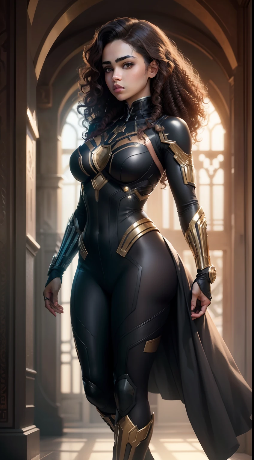 HD masterpiece, curly hair wavy hair, brown Hispanic female, wearing black panther, suit, marvel, MCU, (1girl:1.3), solo,_body-parts__, official art, unity 8k wallpaper, ultra detailed, beautiful and aesthetic, beautiful, masterpiece, best quality, RAW, masterpiece, super fine photo,, best quality, super high Resolution, photorealistic, sunlight, full body portrait, stunningly beautiful,, dynamic pose, delicate face, vibrant eyes, (side view)