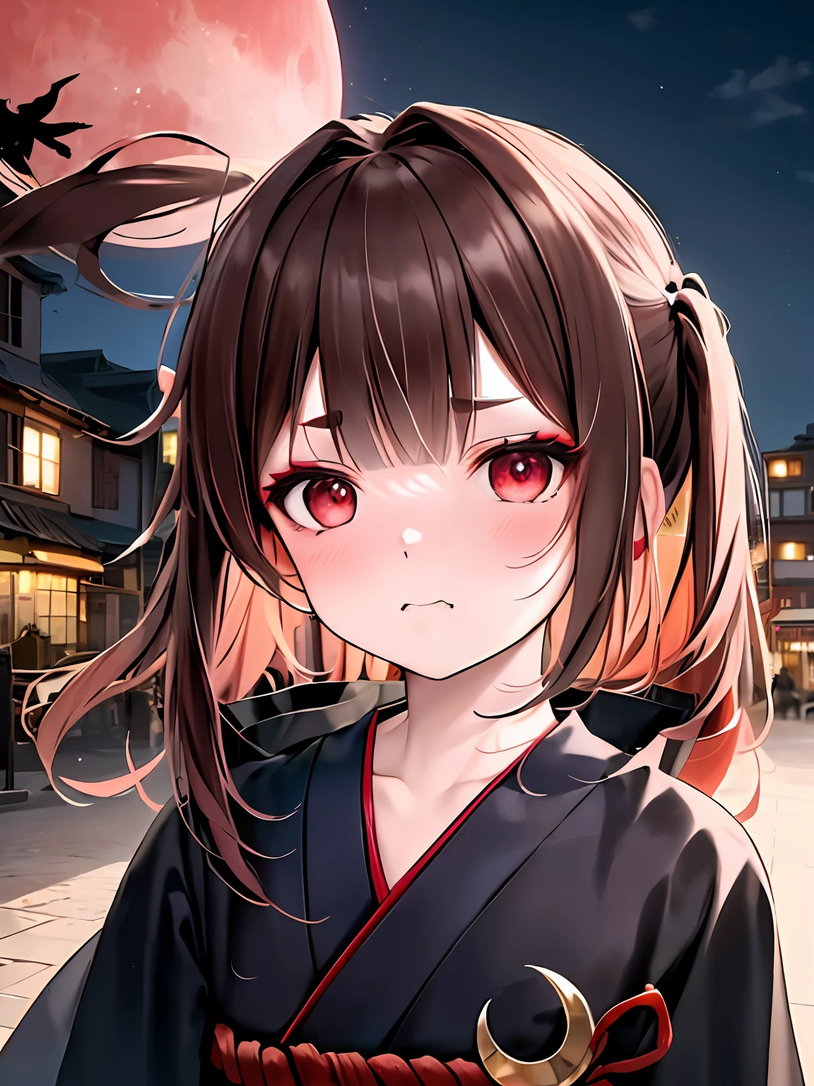 (masterpiece), (best quality), ultra high res, professional artwork, ultra detailed, intricate, detailed face, perfect lighting, 1boy, sasori hiruko, scarlet hair, spiky hair, (red eyes, glowing eyes:1.1), eye shadow, AKATSUKI OUTFIT, ninja, black cloak, black coat, forehead protector, (collarbone), sidelocks , head, night, night sky, crescent moon, (red moon:1.1, crow), angry face, hand on own head , outdoors, (cowboy shot, far shot), looking at viewer