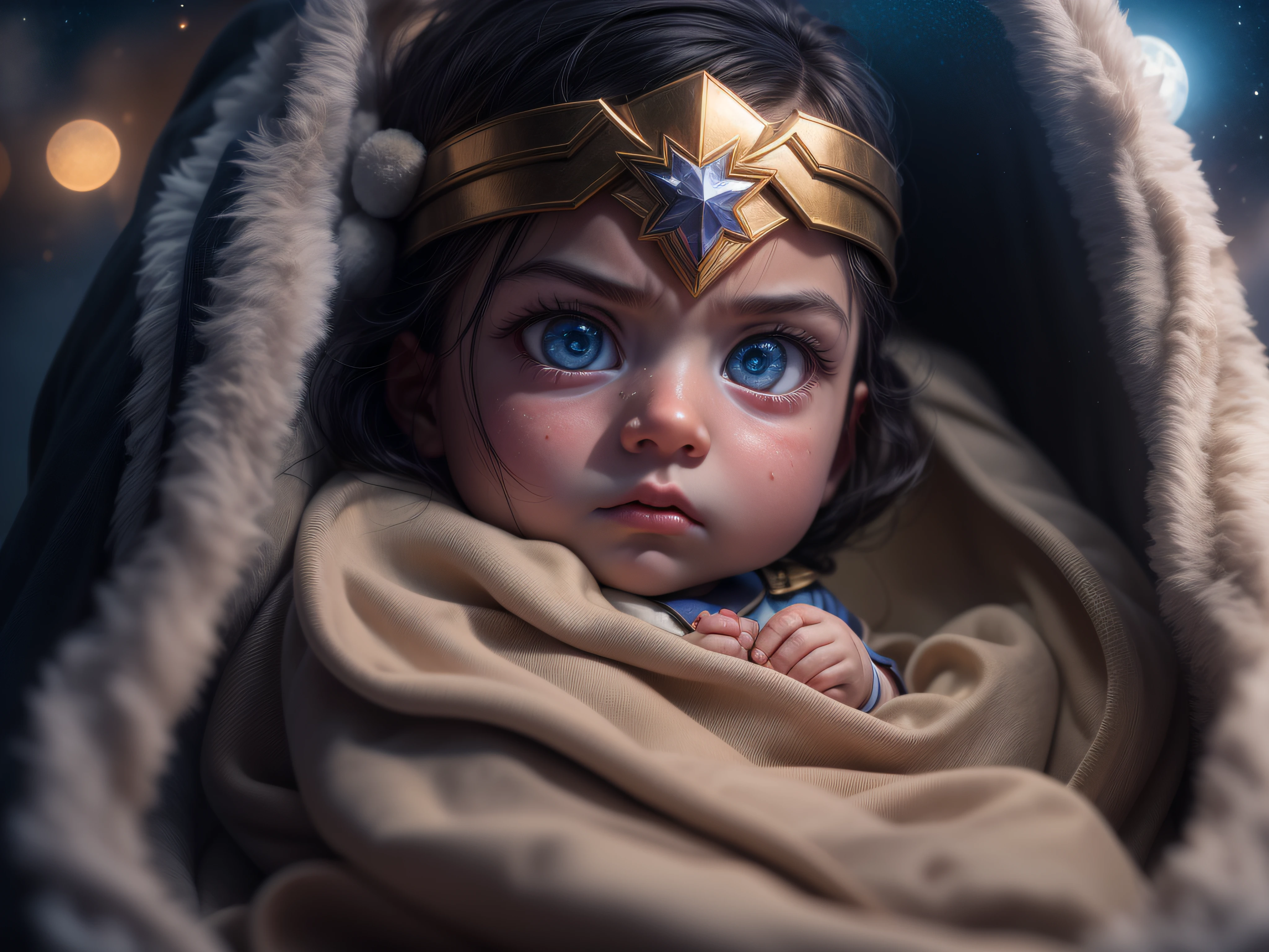 Close a powerful threat, The imposing appearance of the powerful -shaped Wonder Woman with gorgeous blue eyes dressed in beige uniform in a manger, menacing stare, ricamente detalhado, Hiper realista, 3D-rendering, obra-prima, NVIDIA, RTX, ray-traced, Bokeh, Night sky with a huge and beautiful full moon, estrelas brilhando, 8k,