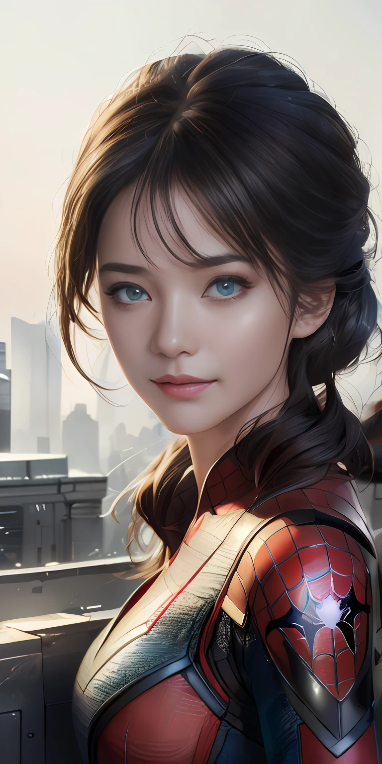 (1girl:1.3), Solo, (((Very detailed face)))), ((Very detailed eyes and face)))), Beautiful detail eyes, Body parts__, Official art, Unified 8k wallpaper, Super detailed, beautiful and beautiful, beautiful, masterpiece, best quality, original, masterpiece, super fine photo, best quality, super high resolution, realistic realism, sunlight, full body portrait, amazing beauty, dynamic pose, delicate face, vibrant eyes, (from the front), She wears Spider-Man suit, red and black color scheme, spider, very detailed city roof background, rooftop, overlooking the city, detailed face, detailed complex busy background, messy, gorgeous, milky white, highly detailed skin, realistic skin details, visible pores, clear focus, volumetric fog, 8k uhd, DSLR, high quality, film grain, fair skin, photo realism, lomography, futuristic dystopian megalopolis, translucent