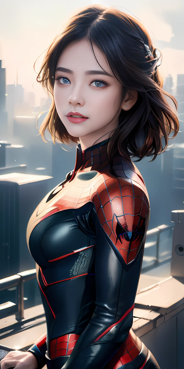 (1girl:1.3), Solo, (((Very detailed face)))), ((Very detailed eyes and face)))), Beautiful detail eyes, Body parts__, Official art, Unified 8k wallpaper, Super detailed, beautiful and beautiful, beautiful, masterpiece, best quality, original, masterpiece, super fine photo, best quality, super high resolution, realistic realism, sunlight, full body portrait, amazing beauty, dynamic pose, delicate face, vibrant eyes, (from the front), She wears Spider-Man suit, red and black color scheme, spider, very detailed city roof background, rooftop, overlooking the city, detailed face, detailed complex busy background, messy, gorgeous, milky white, highly detailed skin, realistic skin details, visible pores, clear focus, volumetric fog, 8k uhd, DSLR, high quality, film grain, fair skin, photo realism, lomography, futuristic dystopian megalopolis, translucent