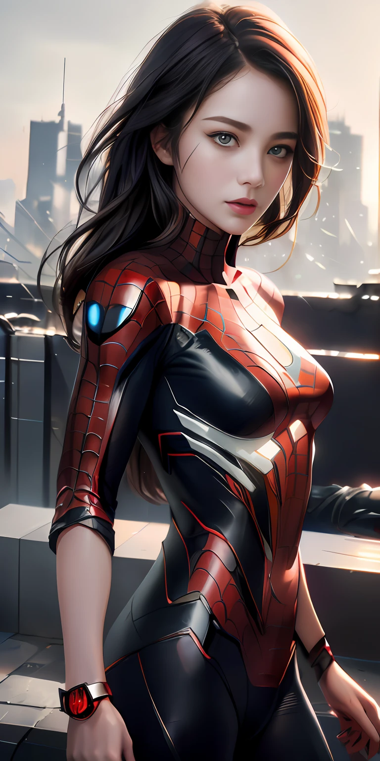 (1girl:1.3), Solo, (((Very detailed face)))), ((Very detailed eyes and face)))), Beautiful detail eyes, Body parts__, Official art, Unified 8k wallpaper, Super detailed, beautiful and beautiful, beautiful, masterpiece, best quality, original, masterpiece, super fine photo, best quality, super high resolution, realistic realism, sunlight, full body portrait, amazing beauty, dynamic pose, delicate face, vibrant eyes, (from the front), She wears Spider-Man suit, red and black color scheme, spider, very detailed city roof background, rooftop, overlooking the city, detailed face, detailed complex busy background, messy, gorgeous, milky white, highly detailed skin, realistic skin details, visible pores, clear focus, volumetric fog, 8k uhd, DSLR, high quality, film grain, fair skin, photo realism, lomography, futuristic dystopian megalopolis, translucent