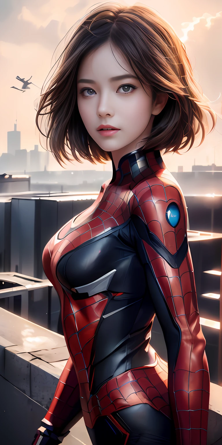 (1girl:1.3), Solo, (((Very detailed face)))), ((Very detailed eyes and face)))), Beautiful detail eyes, Body parts__, Official art, Unified 8k wallpaper, Super detailed, beautiful and beautiful, beautiful, masterpiece, best quality, original, masterpiece, super fine photo, best quality, super high resolution, realistic realism, sunlight, full body portrait, amazing beauty, dynamic pose, delicate face, vibrant eyes, (from the front), She wears Spider-Man suit, red and black color scheme, spider, very detailed city roof background, rooftop, overlooking the city, detailed face, detailed complex busy background, messy, gorgeous, milky white, highly detailed skin, realistic skin details, visible pores, clear focus, volumetric fog, 8k uhd, DSLR, high quality, film grain, fair skin, photo realism, lomography, futuristic dystopian megalopolis, translucent