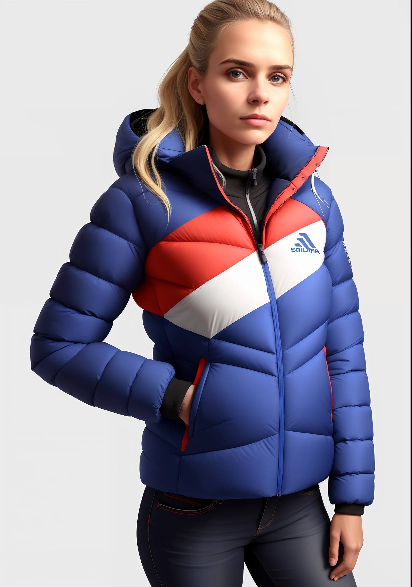 uma mulher com uma jaqueta azul e jeans posando para uma foto, jaqueta puffer, inspired by Salomon by Abbé, roupas esportivas, jaqueta esportiva, suit jacket, roupas esportivas, Jaqueta azul, modelo usa jaqueta puffer, inspirado em Christen Dalsgaard, frio como gelo! 🧊, imagem detalhada, Foto de perfil, vestindo jaqueta azul, encapuzado
