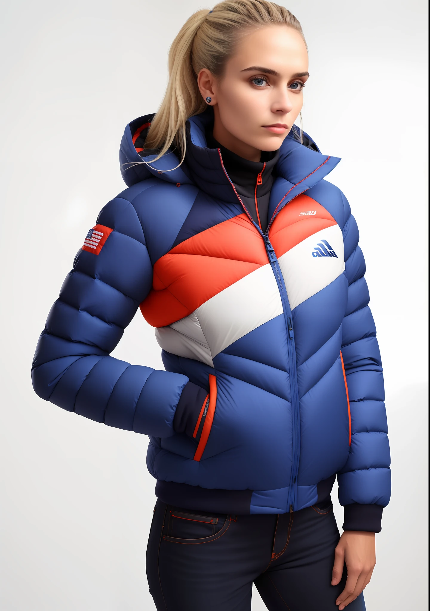 uma mulher com uma jaqueta azul e jeans posando para uma foto, jaqueta puffer, inspired by Salomon by Abbé, roupas esportivas, jaqueta esportiva, suit jacket, roupas esportivas, Jaqueta azul, modelo usa jaqueta puffer, inspirado em Christen Dalsgaard, frio como gelo! 🧊, imagem detalhada, Foto de perfil, vestindo jaqueta azul, encapuzado