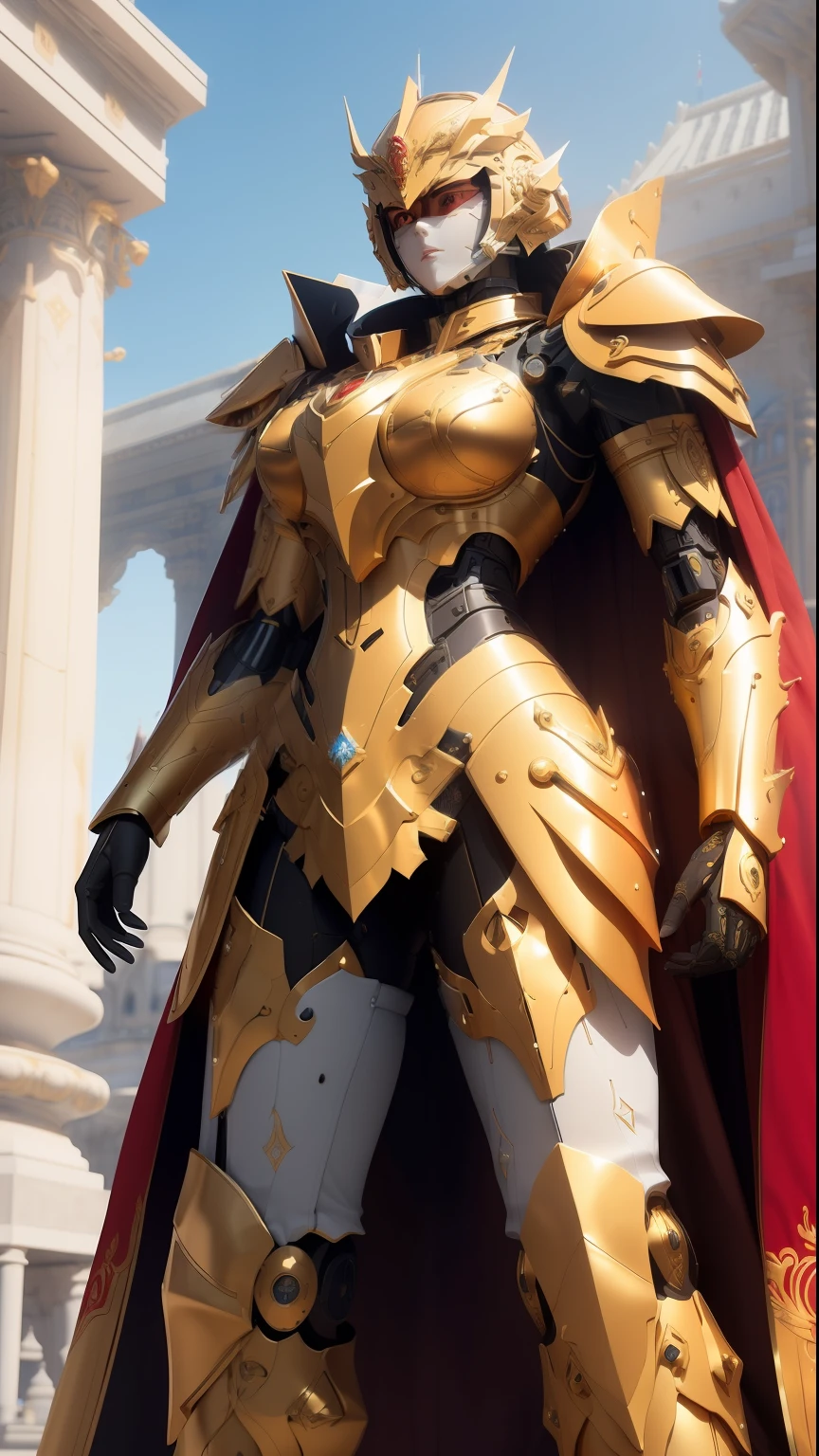 ((Best quality)), ((masterpiece)), (highly detailed:1.3),3D, elite Mecha paladin,royal house guard,beautiful female wearing intricate ceremonial armor, golden cape, military mecha parade in background at grand imperial palace,