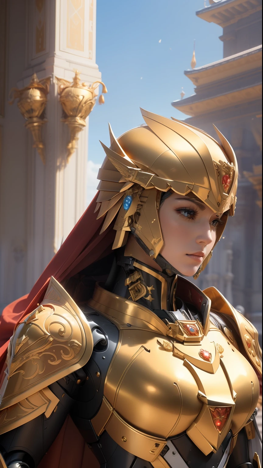 ((Best quality)), ((masterpiece)), (highly detailed:1.3),3D, elite Mecha paladin,royal house guard,beautiful female wearing intricate ceremonial armor, golden cape, military mecha parade in background at grand imperial palace,