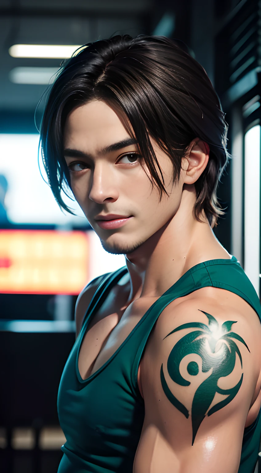 ((Men only)), (head Shot), (frontal face), (Handsome muscular man in tank top of a man with green tattoos all over his body), Leon Kennedy, Mischievous smile, (detaile: 1 in 1), Natural muscles, HIG quality, beautidful eyes, (Detailed face and eyes), (Face、: 1 / 2), Noise, Real Photographics、... ....................................................................................PSD, Sharp Focus, High resolution 8K, realisitic & Professional Photography, 8K UHD, Soft lighting, High quality, Film grain, FujifilmXT3