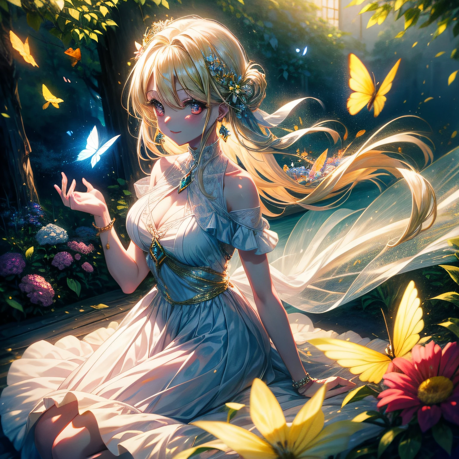 In this whimsical scene, a captivating young woman sits amid a picturesque garden, surrounded by vibrant flowers and butterflies. With her long, flowing blonde hair gently brushing against her shoulders and mesmerizing red eyes glittering like precious gems, she exudes an aura of enchantment. Clad in a delightful watercolor dress adorned with delicate patterns, her radiant smile fills the air with joy and positivity. The soft sunlight casts a painterly glow, enhancing the magical ambiance of this serene moment, beautifully sketched and evoking a sense of wonder.