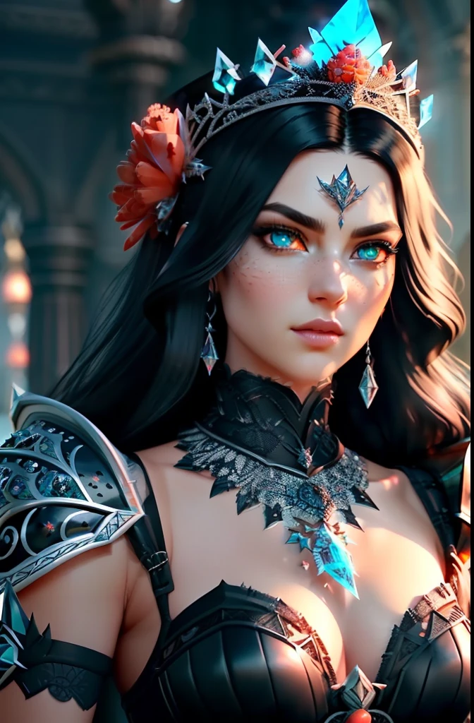 analog style, ((intricate details)), full torso shot, cold lighting, beautiful, (evil princess), (black hair), (intricate), ((ornate skimpy Frostshard Armor)), (intricate jagged tusionite crown), dynamic pose, windblown hair, perfect face, (realistic eyes), round iris, (((coral eyes))), perfect eyes, intricate, complex, sharp focus, studio photo, intricate details, highly detailed, sharp, perfect lighting, Masterpiece, detailed background, cinematic lighting, 8k,
