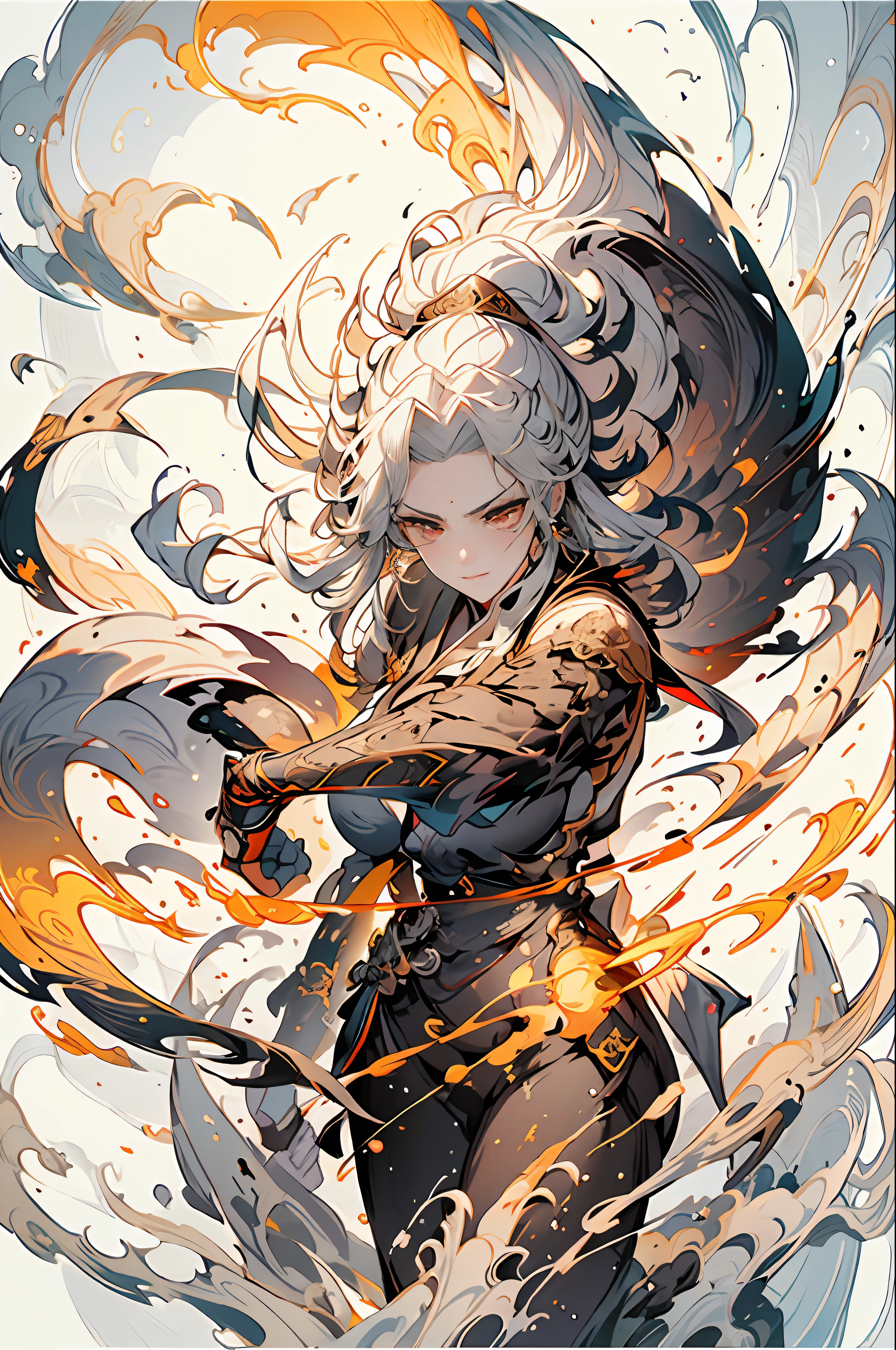 Close-up of a woman with white hair,Belle peinture de personnage,holding a longsword,flames burning around,Guviz,Guviz-style artwork,white-haired god,Yang J,Epic and beautiful character art,Stunning character art,FAN Qi,Wu Zhun Shifan,Guvitz at the Pixiv Art Station,