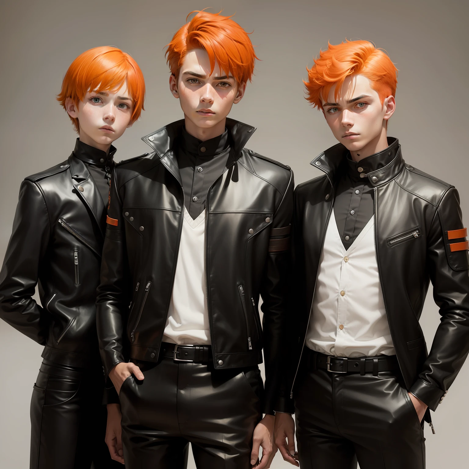 papa, Mom 14-year-old brothers pose serious for photo orange hair smart clothes black leather