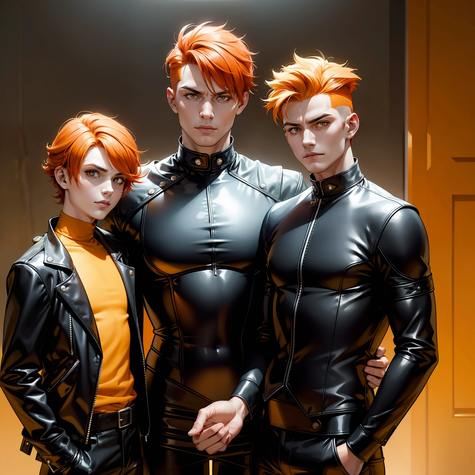 papa, Mom 3 14 year old brothers pose serious for photo orange hair elegant yellow leather clothes with black