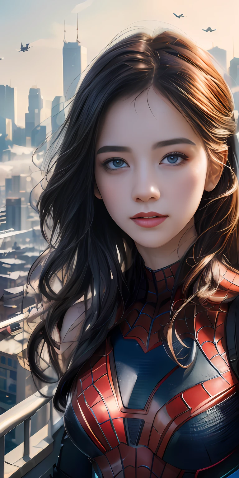 (1girl:1.3), Solo, (((Very detailed face)))), ((Very detailed eyes and face)))), Beautiful detail eyes, Body parts__, Official art, Unified 8k wallpaper, Super detailed, beautiful and beautiful, beautiful, masterpiece, best quality, original, masterpiece, super fine photo, best quality, super high resolution, realistic realism, sunlight, full body portrait, amazing beauty, dynamic pose, delicate face, vibrant eyes, (from the front), She wears Spider-Man suit, red and black color scheme, spider, very detailed city roof background, rooftop, overlooking the city, detailed face, detailed complex busy background, messy, gorgeous, milky white, highly detailed skin, realistic skin details, visible pores, clear focus, volumetric fog, 8k uhd, DSLR, high quality, film grain, fair skin, photo realism, lomography, futuristic dystopian megalopolis, translucent, naked;