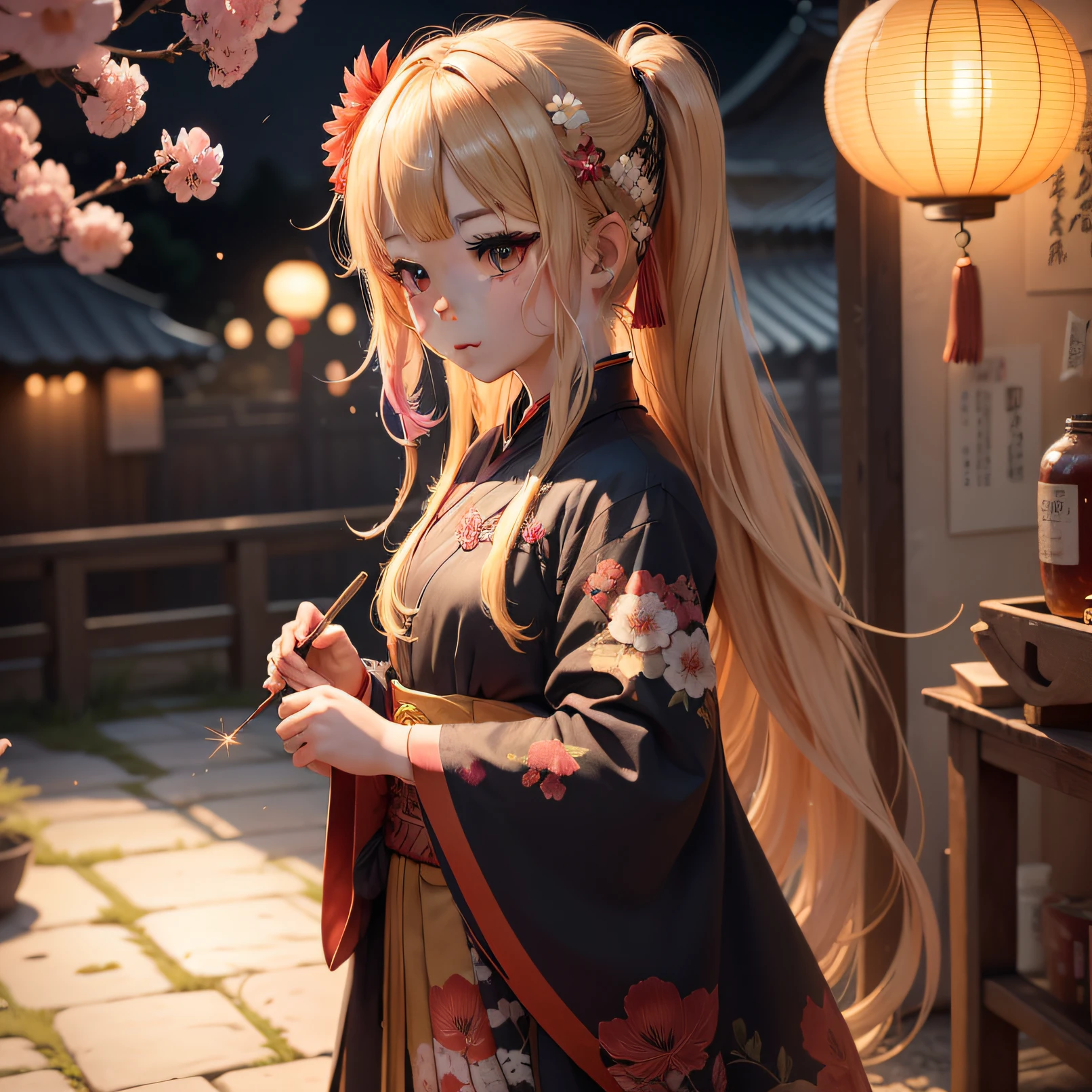 (8k、RAW Photography:1.2)、top-quality、超A high resolution、Dramatic angles、(Fine-colored splashes flutter)、(illustratio)、(((1人)))、(Long)、(Sateen:0.9)、 (hair adornments:1.4)、There is an ancient palace next to the girl、chinese clothes、(focus)、Color ink painting、(Color splash)、Colorful splashes、(((colourfull)))、(Sketched:0.8) 、​masterpiece、best qualtiy、Beautifully painted、A highly detailed、(denoise: 0.6)、[Splash ink]、((Ink refraction))、(Beautiful detailed sky)、a moon、A highly detailed、(​masterpiece、best qualtiy、A highly detailed) CG Unity 8k wallpapers、​masterpiece、top-quality、ultra-detailliert)、(Lycoris radiata)、japanes、a blond、Summer Festivals、sparklers、length hair