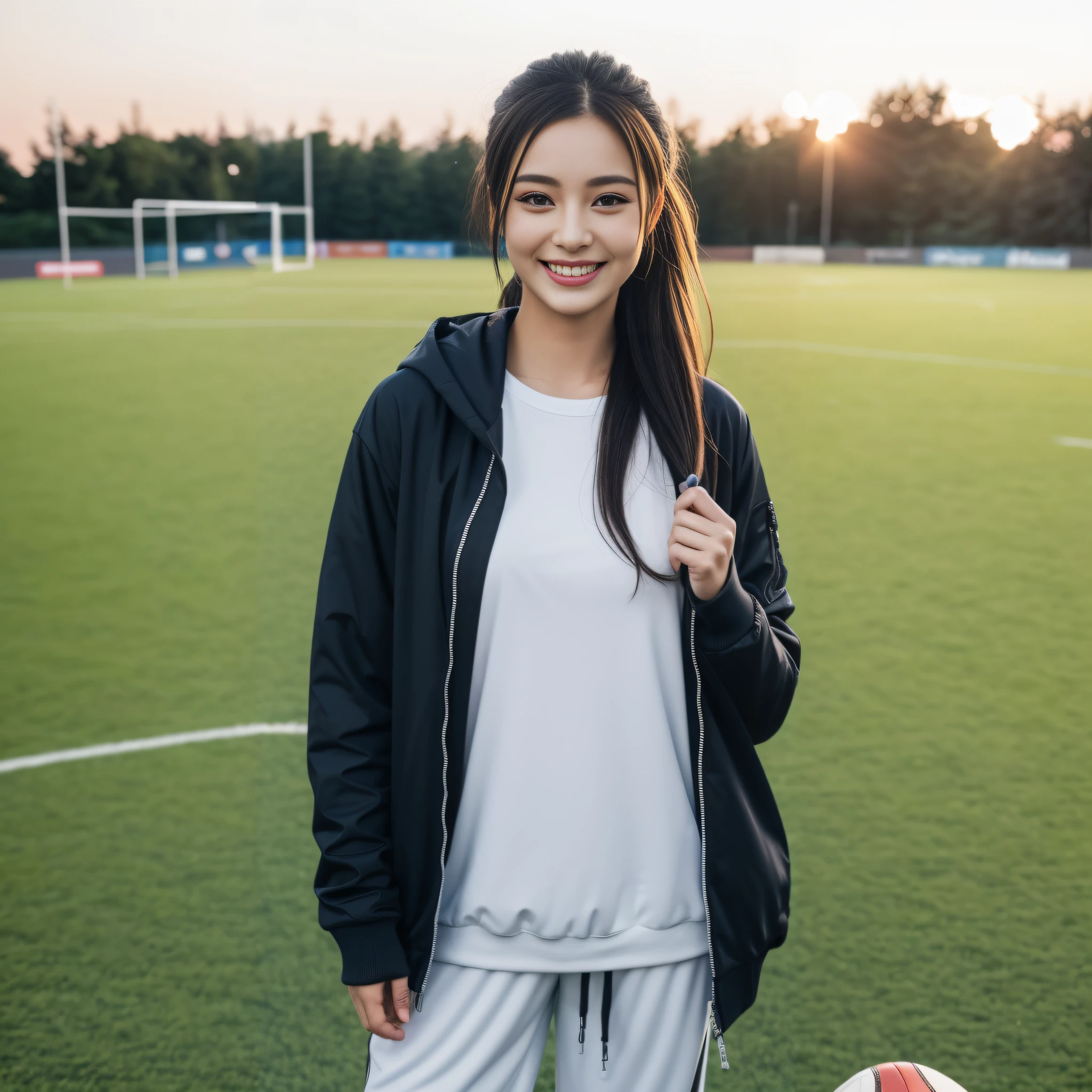 Smiling woman in white shirt and black jacket standing on football field, girl wearing hoodie, black haired girl wearing hoodie, a young asian woman, wearing track and field suit, wearing a tracksuit, Young Asian Woman, wearing a track suit, on a soccer field, professional sports style, is wearing jacket, photography of a techwear woman, photo of young woman