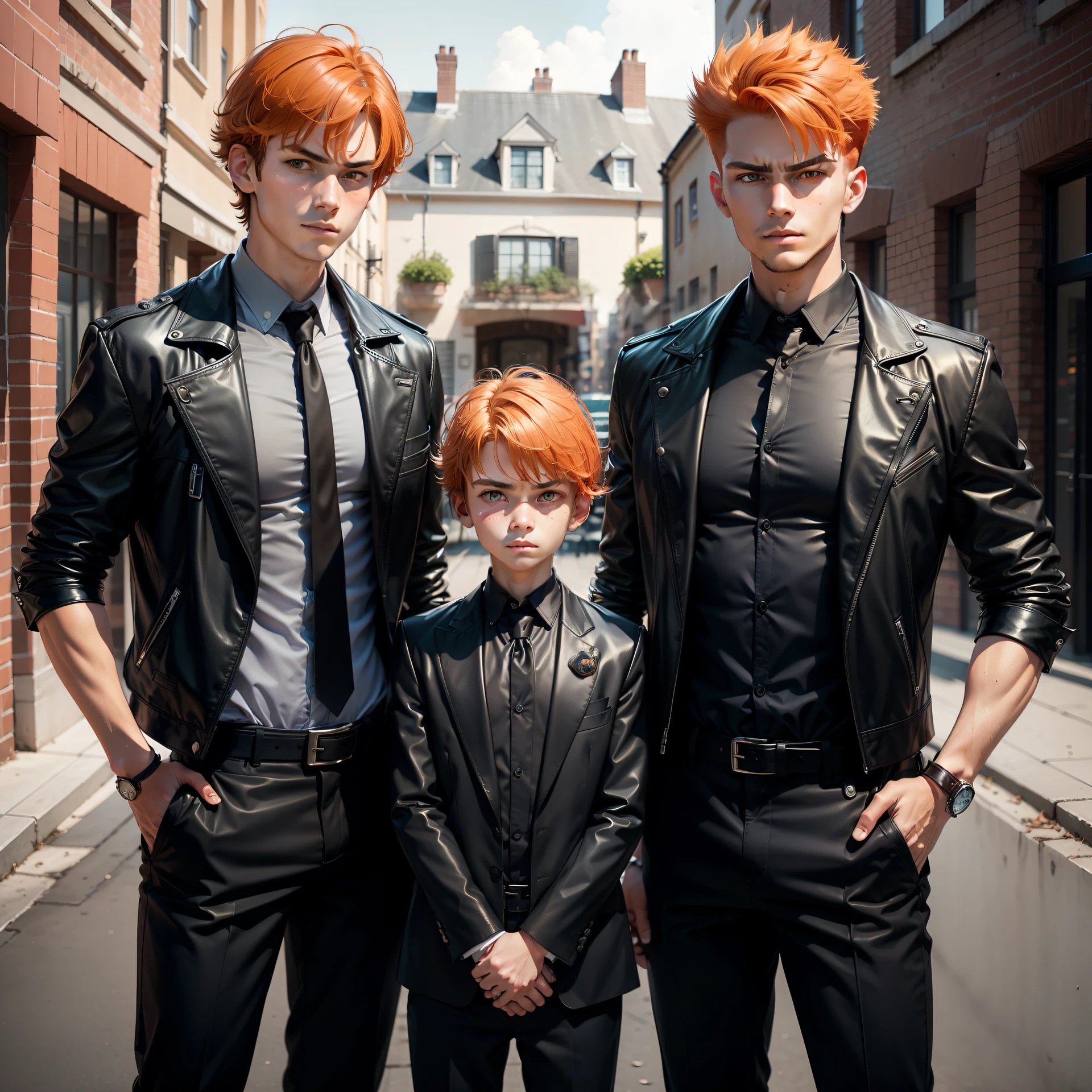 papa, Mom 14-year-old brothers pose serious for photo orange hair smart clothes black leather