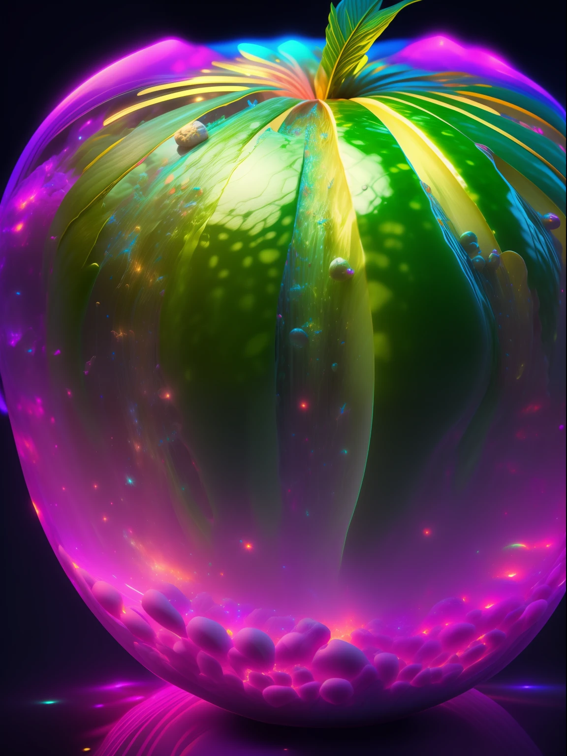 tmasterpiece, beste-Qualit, Art Station, 1 Extremely detailed green watermelon, Perfectly proportioned,  Contrast mapping, ultra realistis, black backdrop, galaxy, Endless Lights, Strewn with fine flash details, 8K, 真实感, The vibrant, luminescent, Exciting, hyper-detalied, The vibrant, Filmic, Environment Occlusion, chromatic aberration.